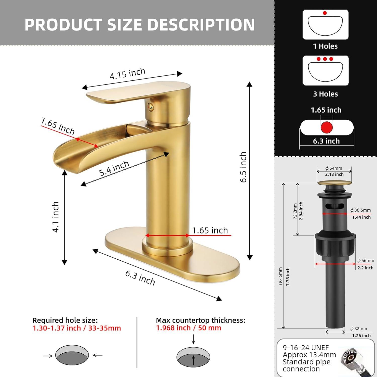 Brushed Gold Brass Waterfall Spout Single-Handle Bathroom Faucet