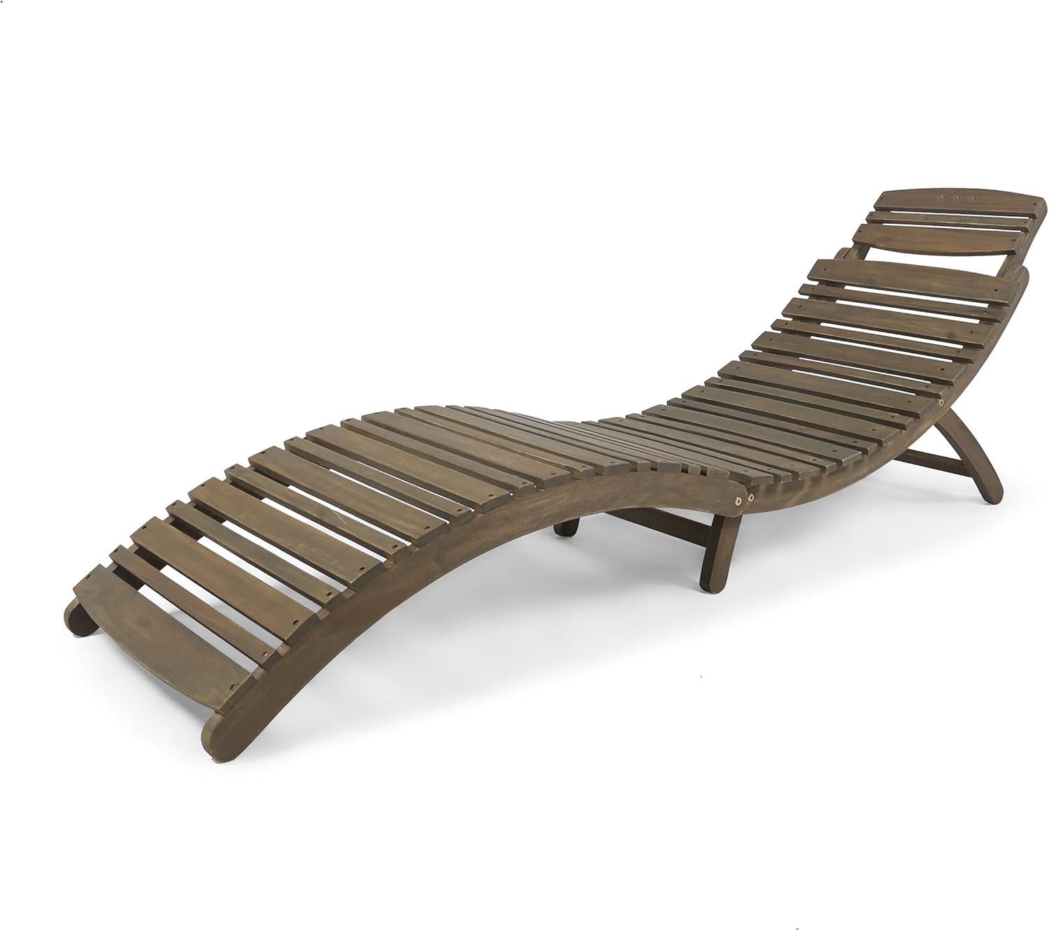 Christopher Knight Home Lisbon Outdoor Acacia Wood Folding Armless Chaise Lounge (Set of 2), Gray