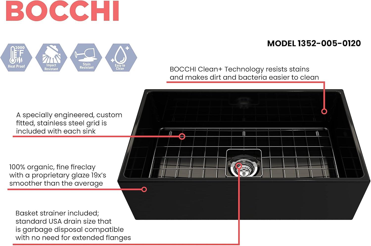 BOCCHI Contempo Farmhouse Apron Front Fireclay 33 in. Single Bowl Kitchen Sink with Protective Bottom Grid and Strainer in Matte Gray