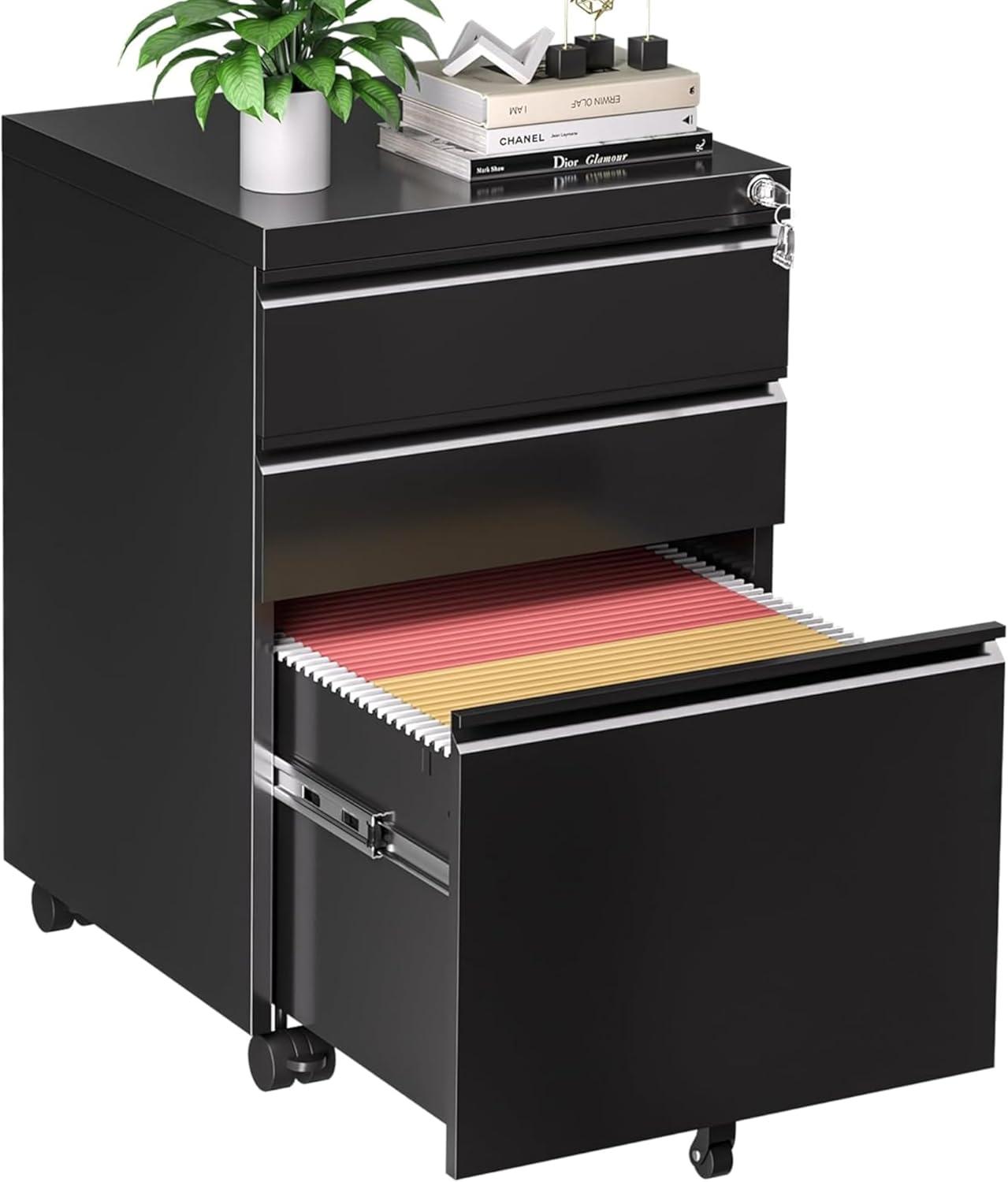 3 Drawer Filing Cabinet, File Cabinets for Home Office, Locking File Cabinet for A4-Size/Letter-Size/Legal-Size,Black