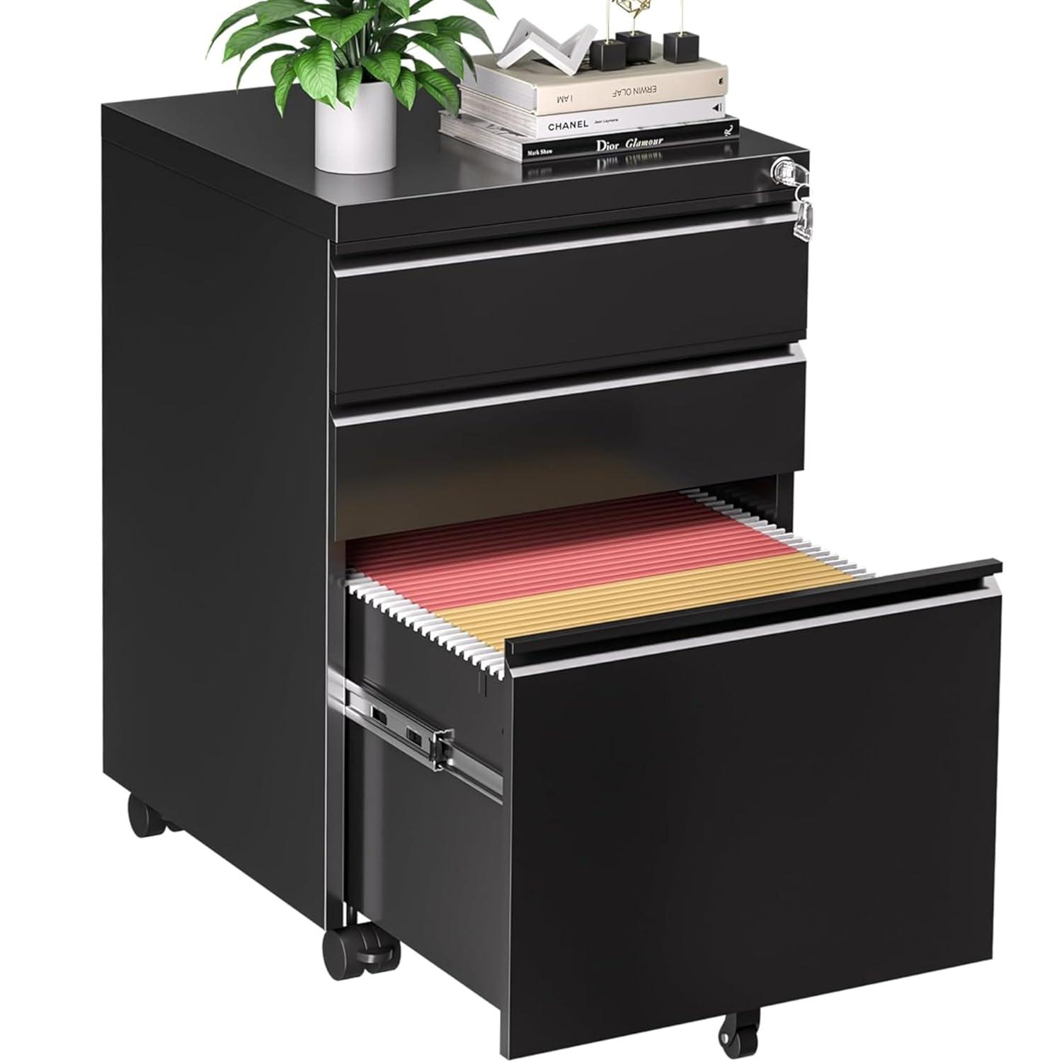 MIIIKO File Cabinet 3 Drawers on Wheels Under Desk, Black Metal Rolling File Cabinets with Lock for Home Office, Un-Assembled Filing Cabinet with Lock