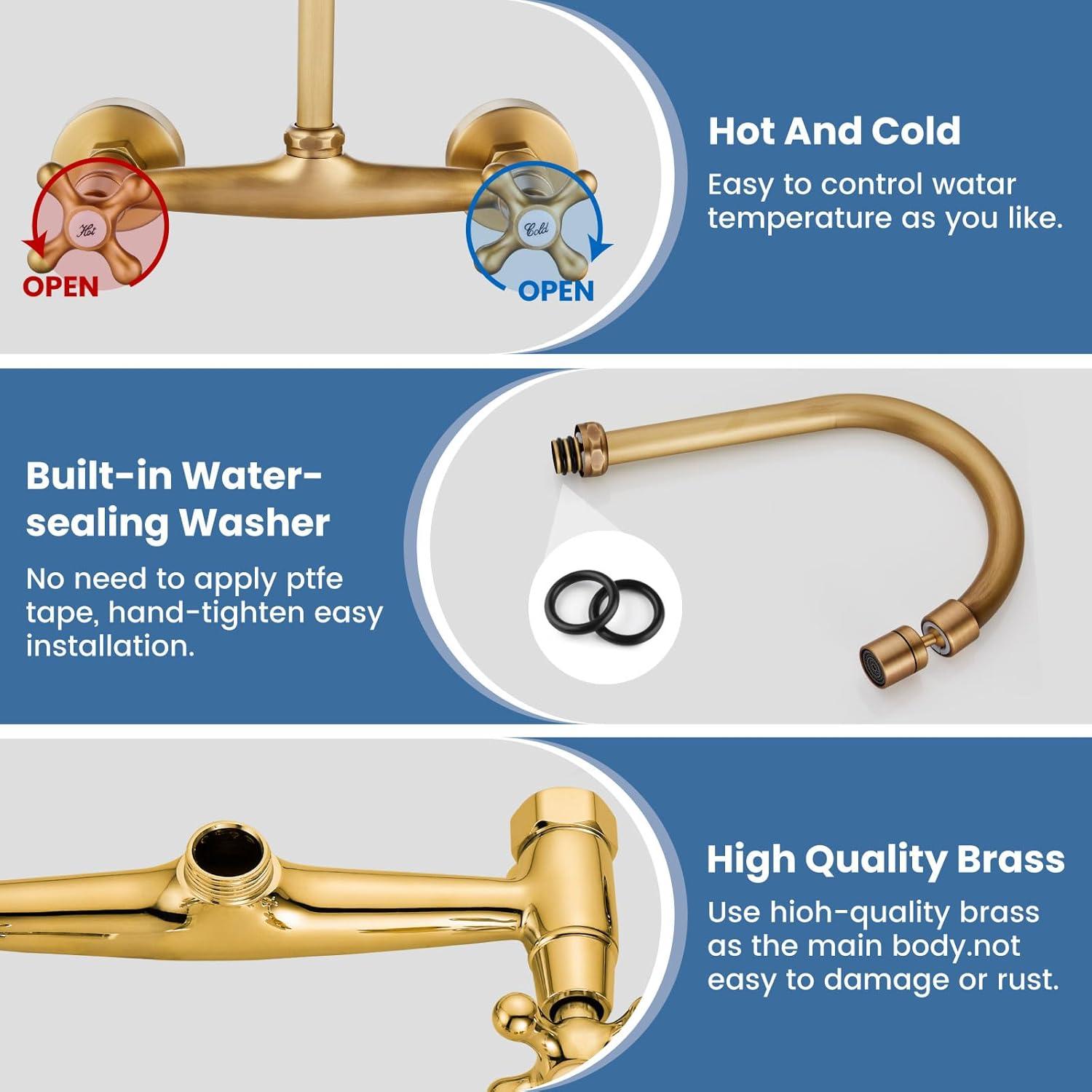 Airuida Wall Mount Kitchen Faucet with Sprayer Wall Mounted Kitchen Sink Faucet Double Cross Handles 360 Degree Swivel Spout Restaurant Mixer Tap Commercial 8 Inch Center Antique Brass