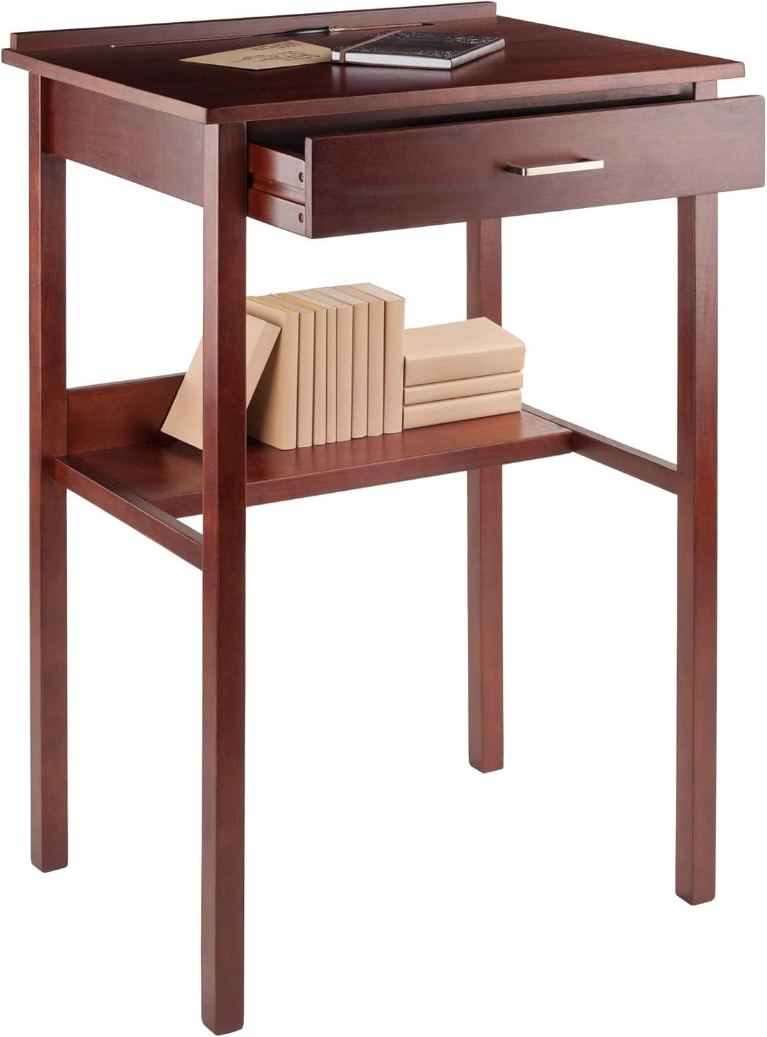 Winsome Ronald High Desk Walnut: Mid-Century Modern Standing Secretary, Spot Clean, No Storage