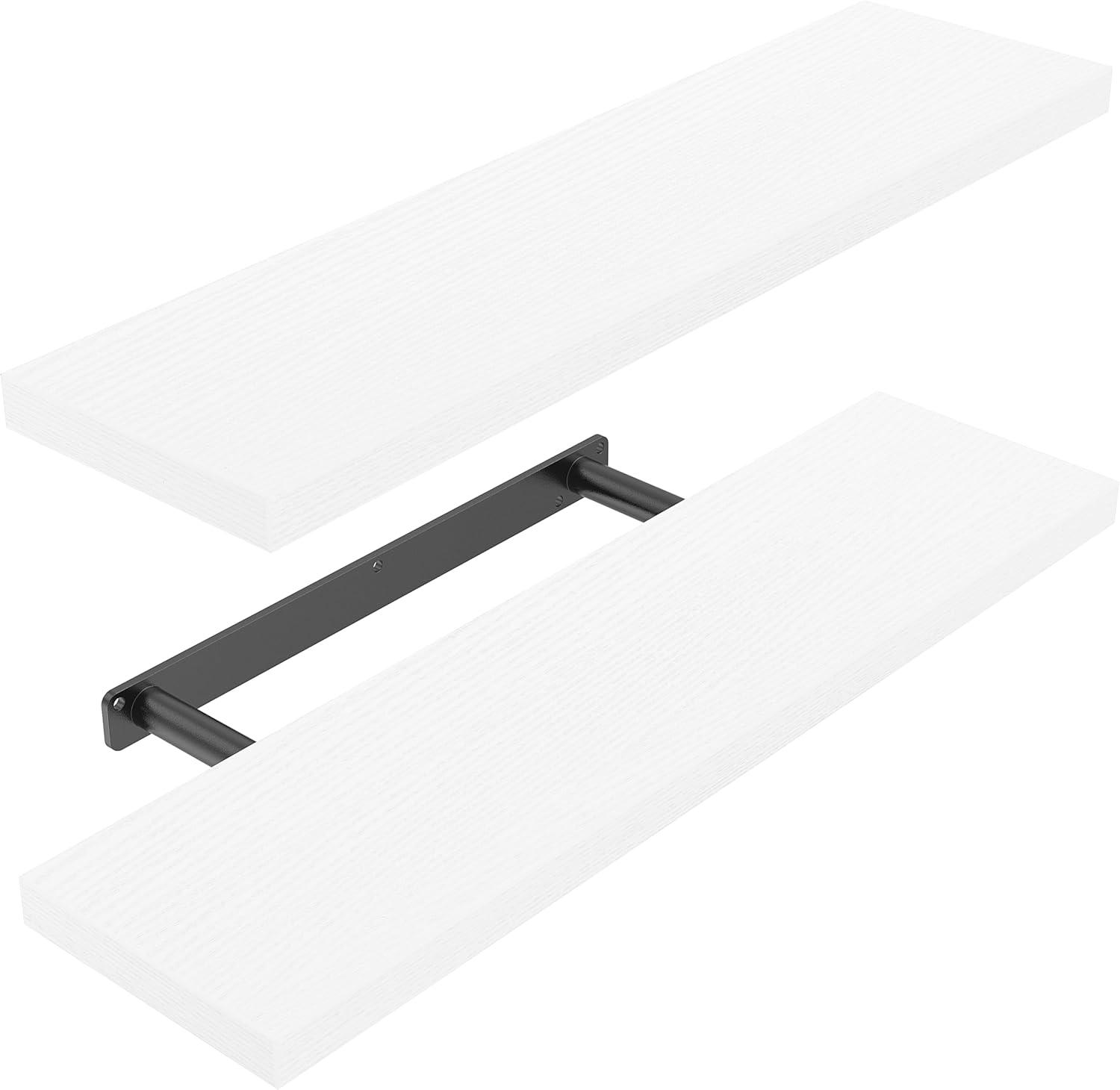 White MDF Floating Wall Shelves with Metal Brackets, Set of 2