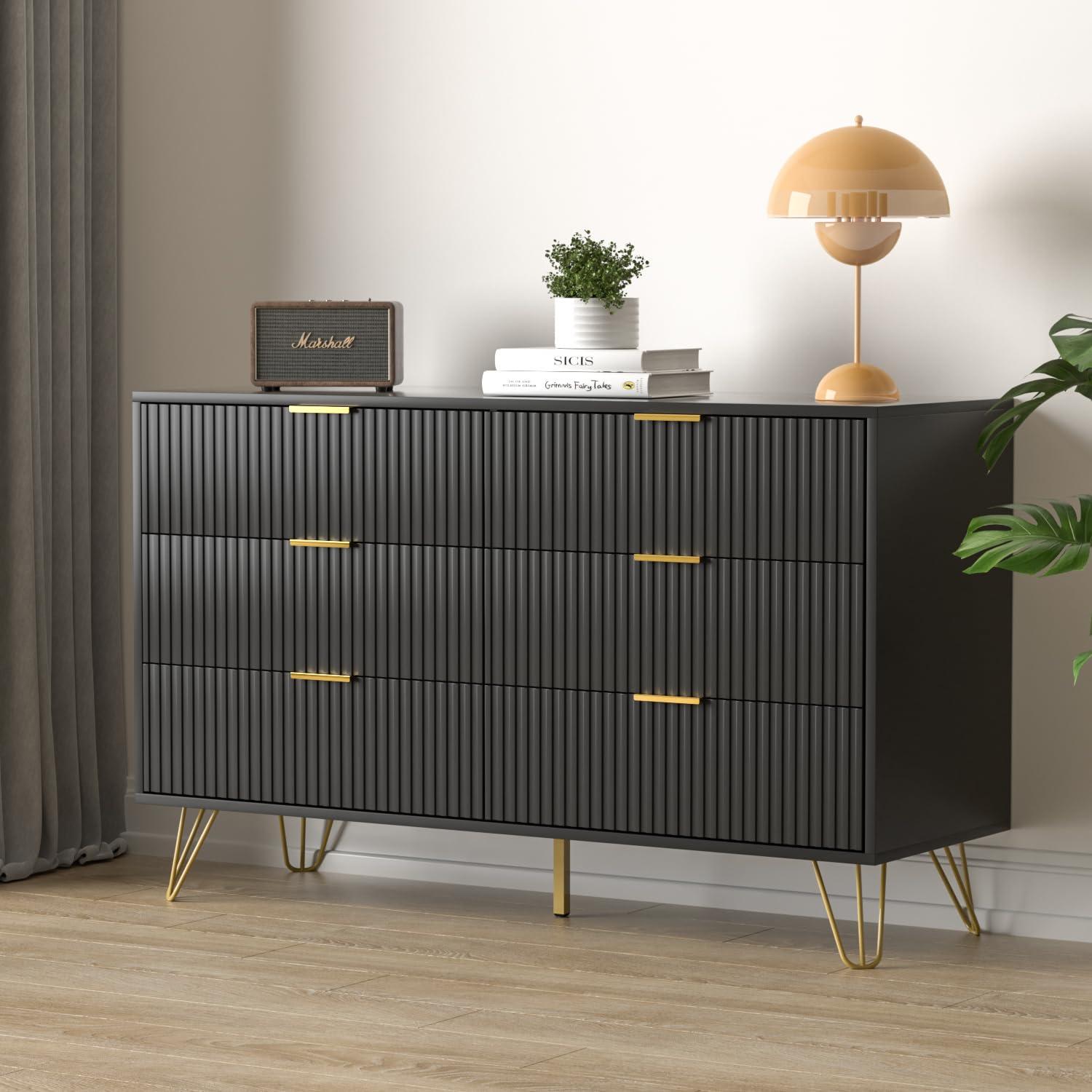 Black Dresser, Modern 6-Drawer Dresser for Bedroom with Gold Handles, Wide Chest of Drawers for Living Room