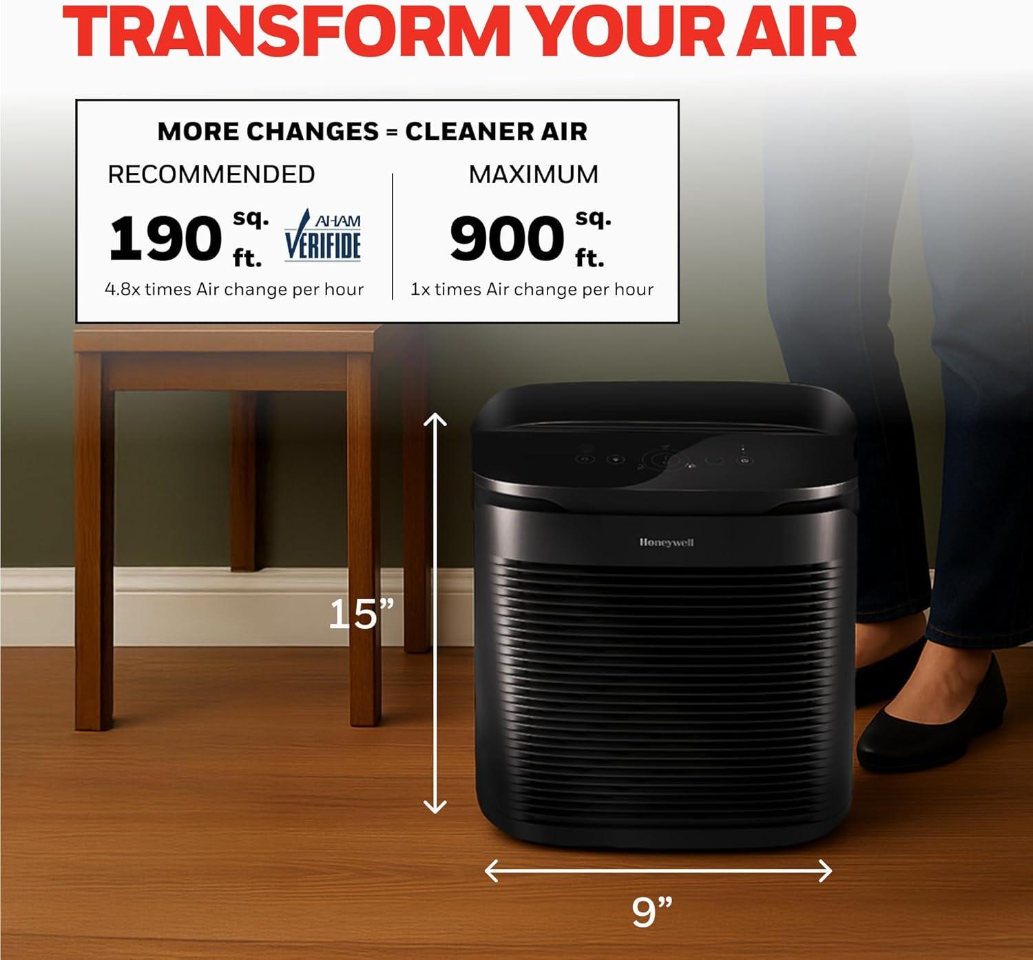 Honeywell Power Plus HEPA Air Purifier for Medium and Large Rooms Black: 4 Settings, 100-300 sq. ft., AHAM & Energy Star Certified