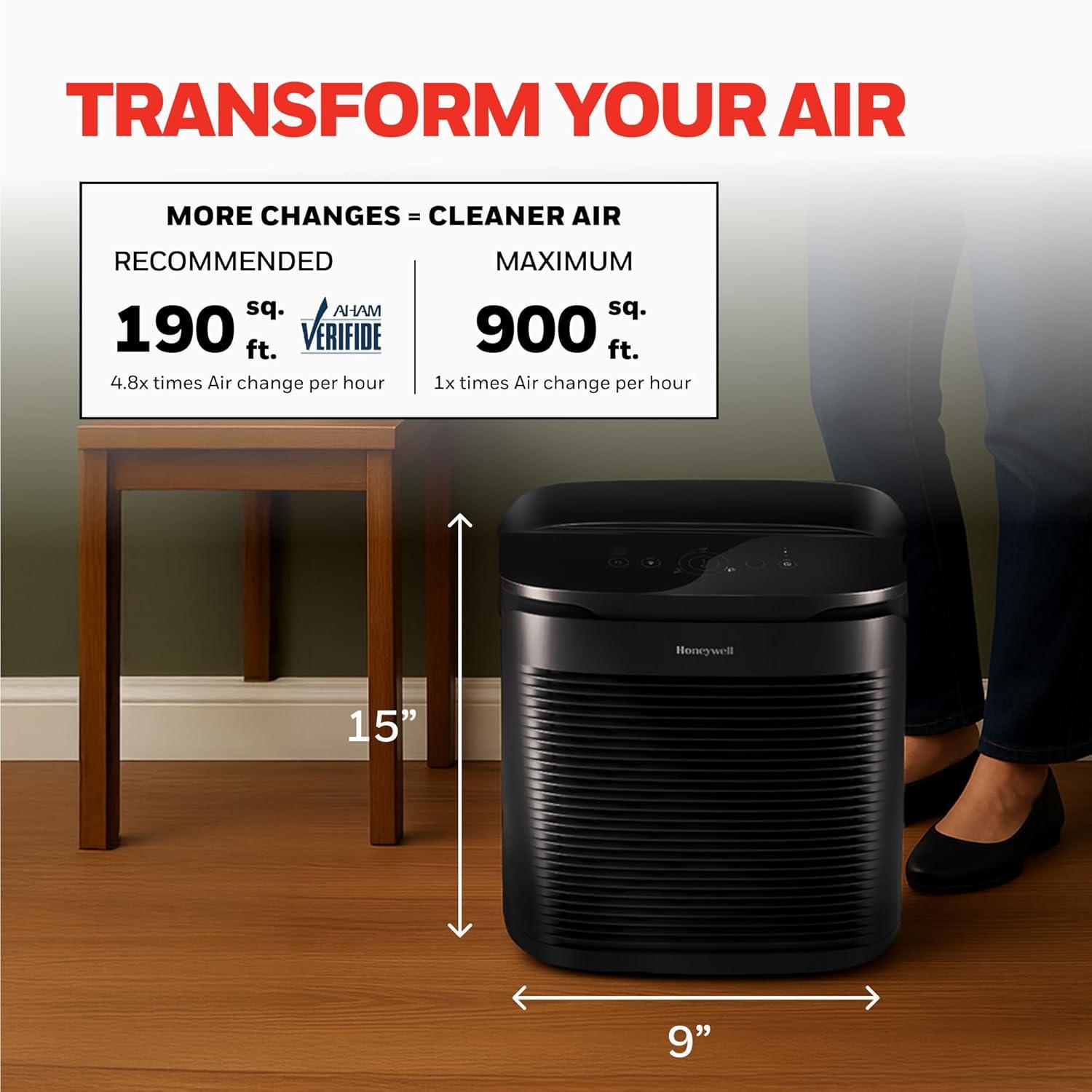 Honeywell Power Plus HEPA Air Purifier for Medium and Large Rooms Black: 4 Settings, 100-300 sq. ft., AHAM & Energy Star Certified
