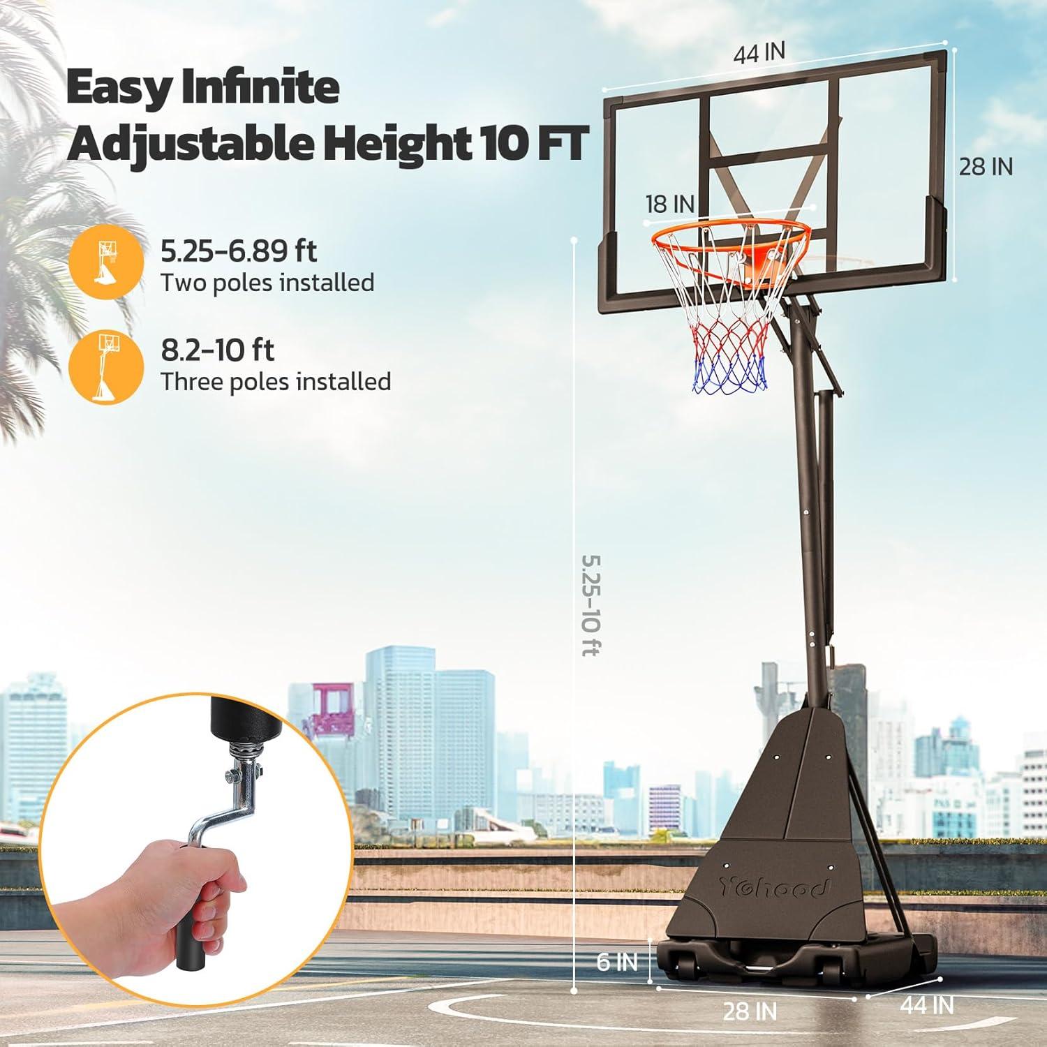 Adjustable 44" Black Polycarbonate Portable Basketball Hoop System