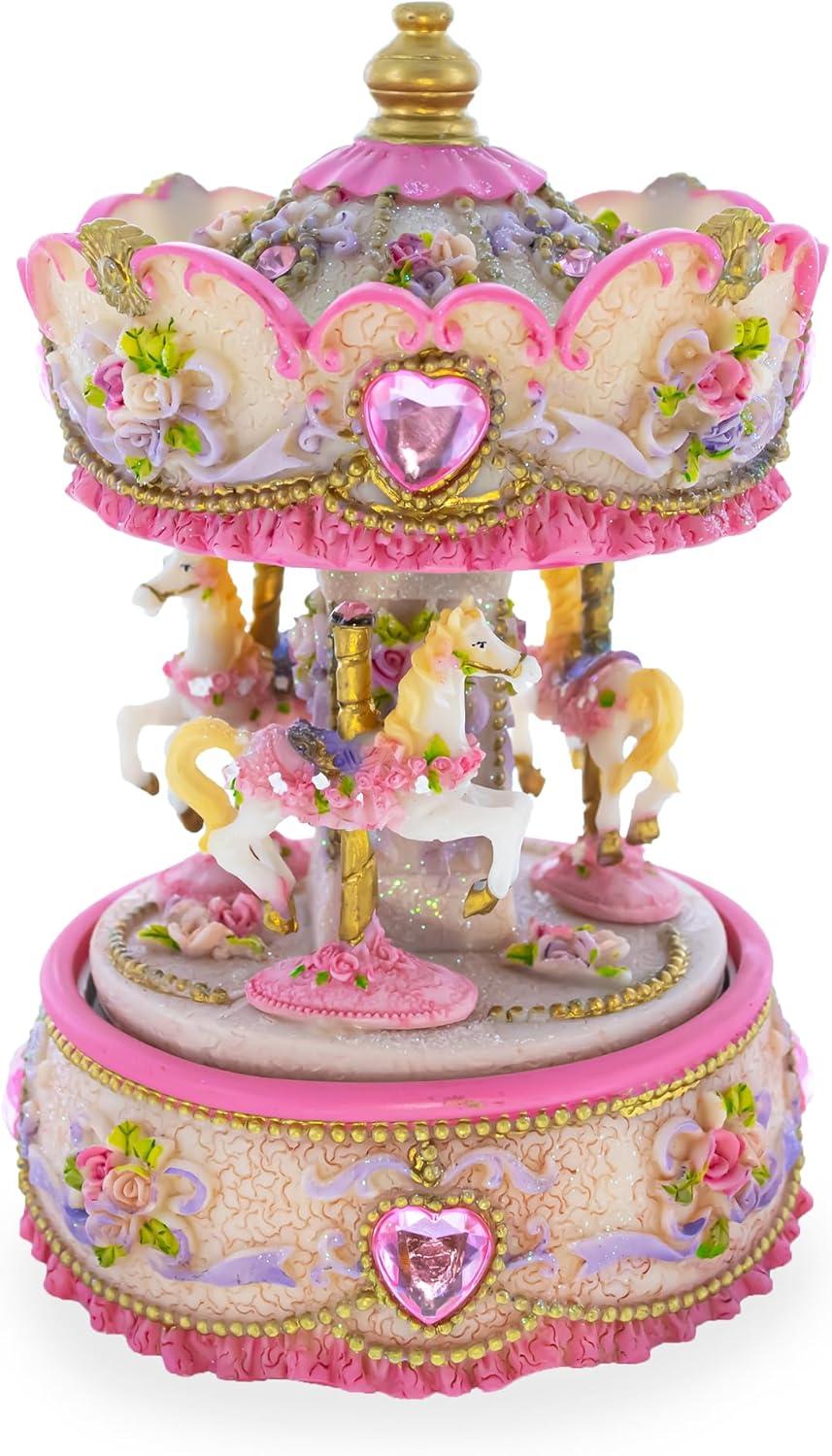 Pink and Gold Floral Carousel Musical Figurine