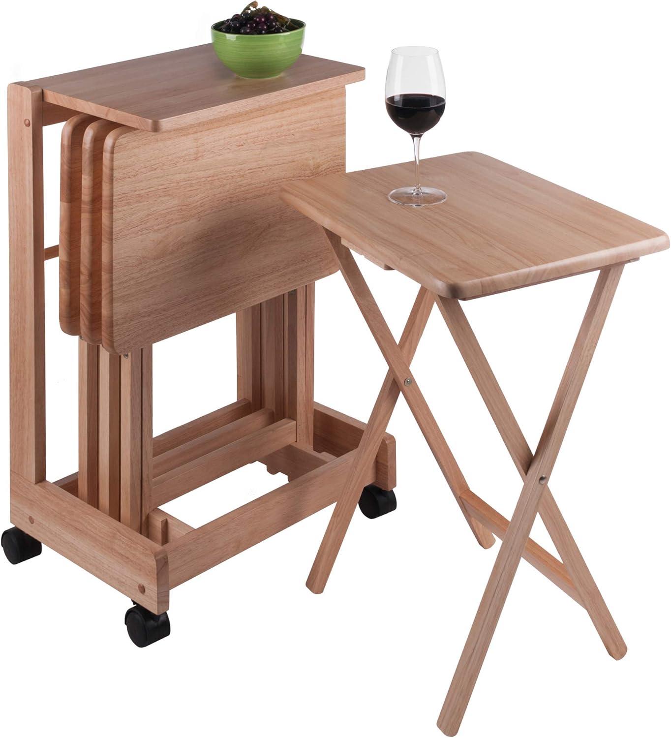 Natural Wood 5-Piece Snack Table Set with Serving Cart