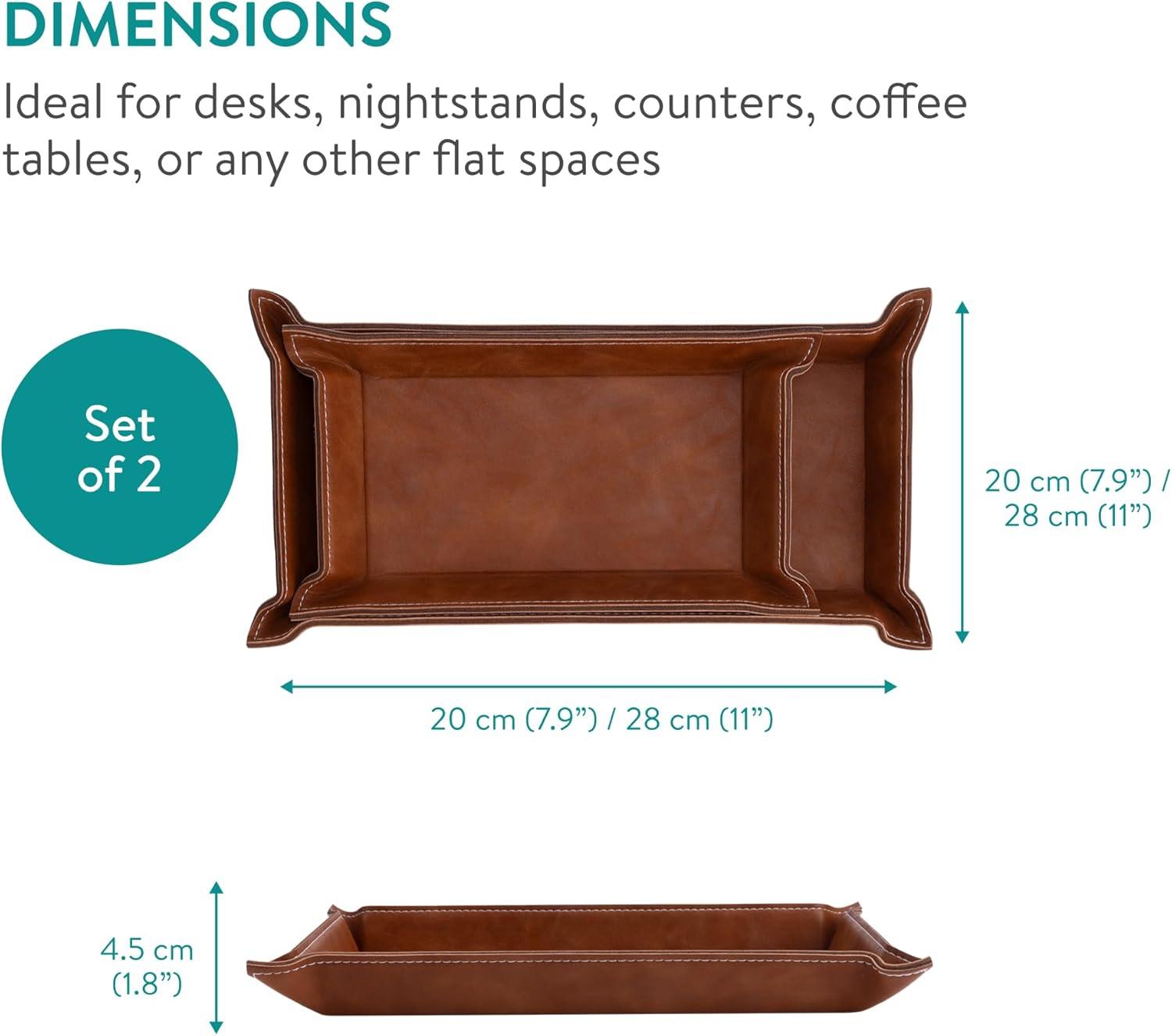 Navaris Faux Leather Tray Set - 2 Valet Organizer Trays for Bedside Table, Retro Fashion - Desk Storage Plate for Key Coin Phone Wallet (Brown)