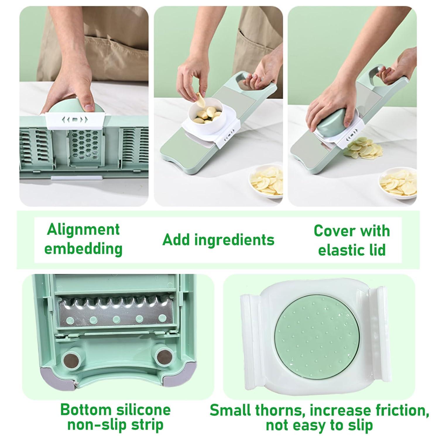 Vegetable Chopper, 7 in 1 Mandoline Food Slicer Cutter with Handheld Container, 6 Blades and Blade Box, Cheese Grater, Cucumber Slicer, Magnetic Kitchen Tools for Veggie Potato Onion Butter Carrot