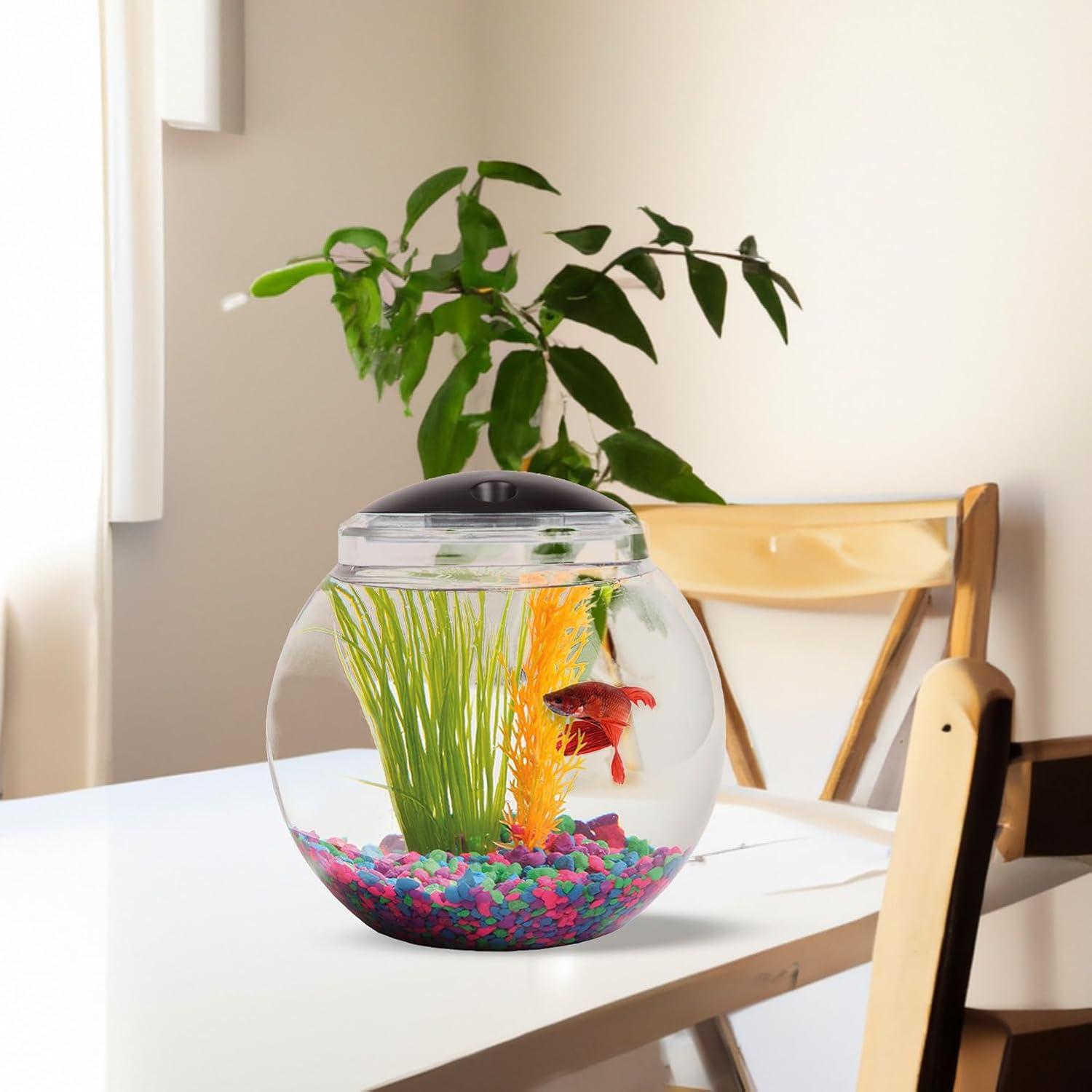 Koller Products 1-Gallon Globe Fish Bowl, Impact- Resistant Plastic Aquarium Starter Kits with LED Lighting, Buit-in Timer, Crystal-Clear Clarity, Desktop Fish Tank for Home Décor