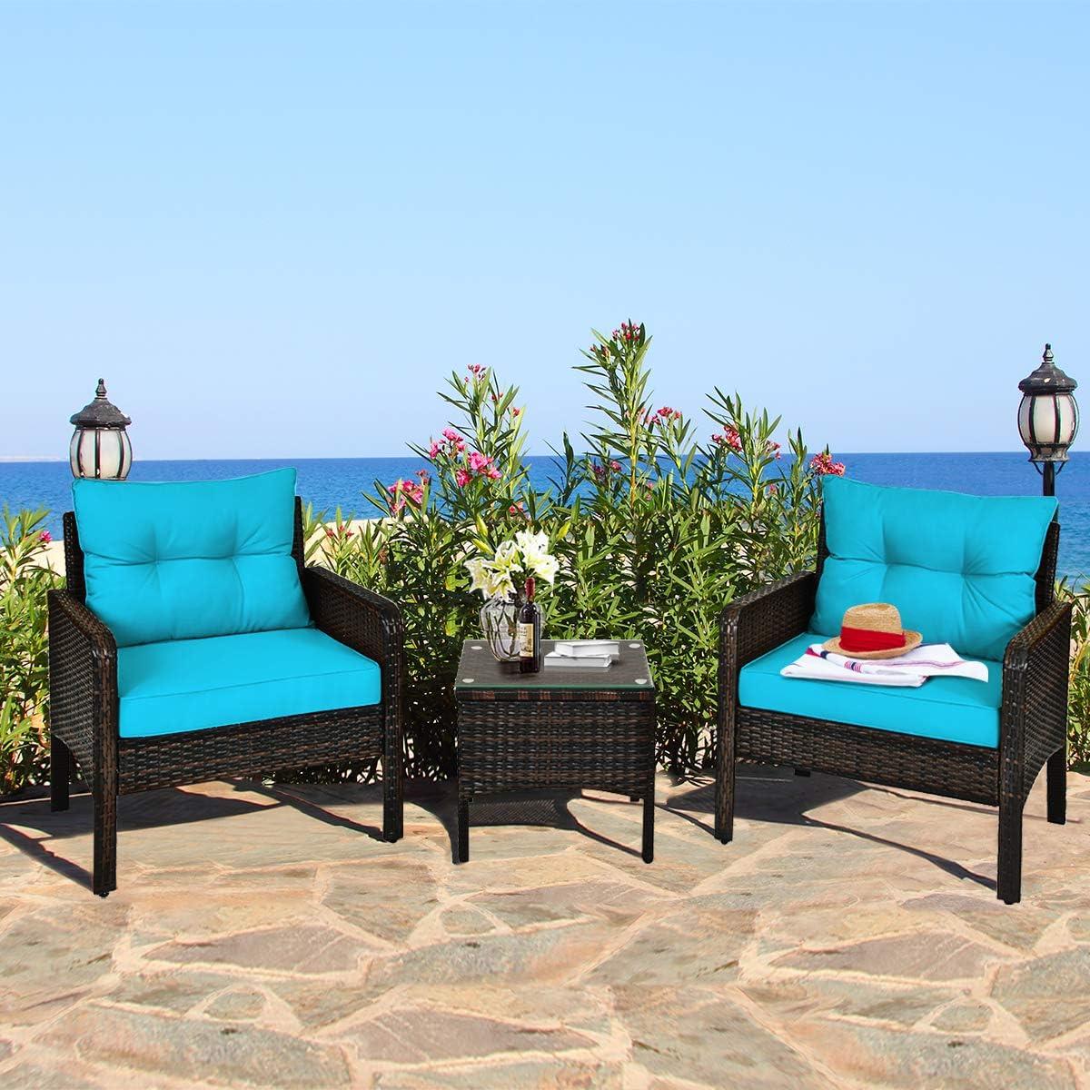 YYAo Garden Conversation Table Set, Conversation Loveseat Chairs Set, 3 Pcs Outdoor Patio Rattan Conversation Set with Seat Cushions-Turquoise