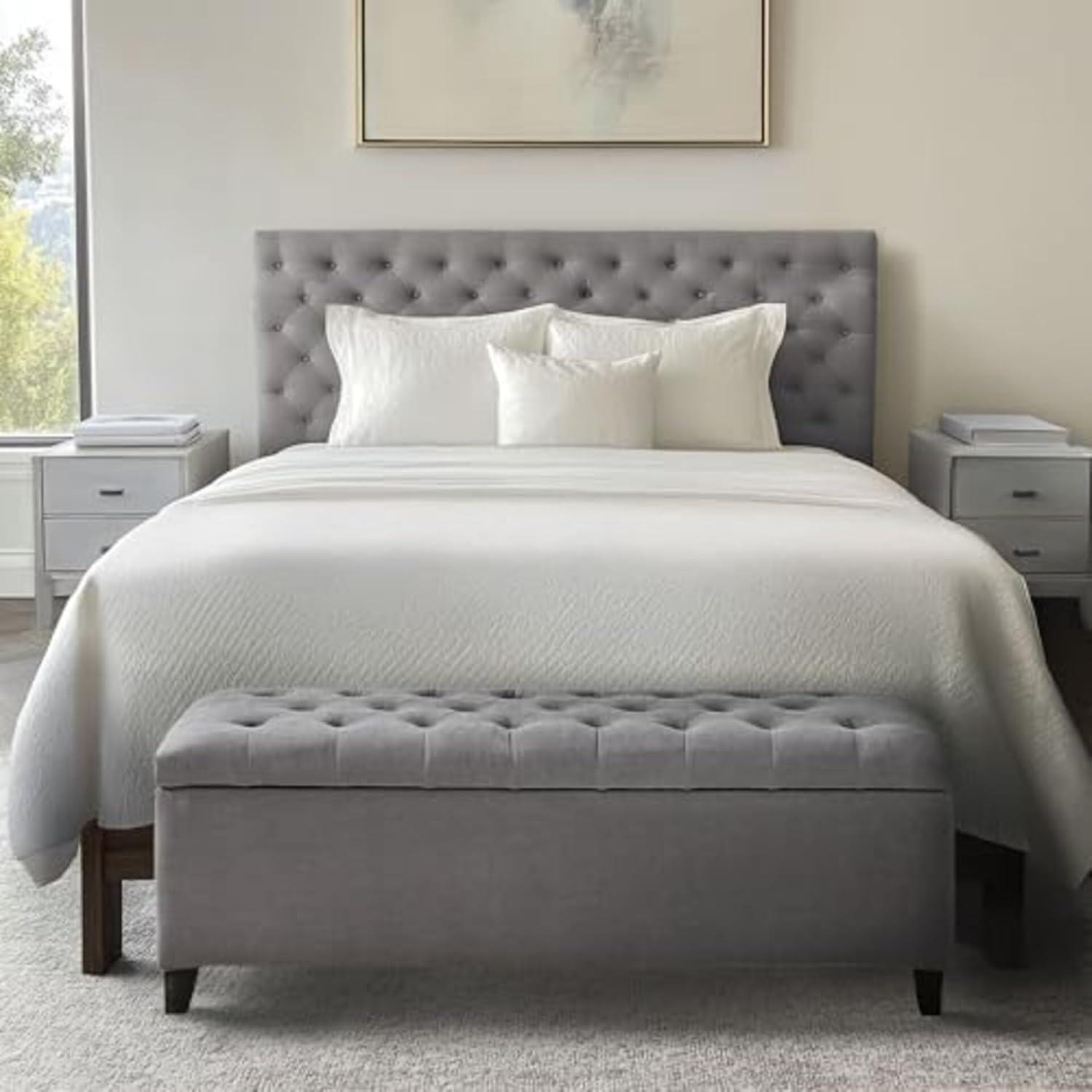 Selah Tufted Top Storage Bench - Gray: Upholstered Ottoman with Wood Legs, Polyester, Spot Clean