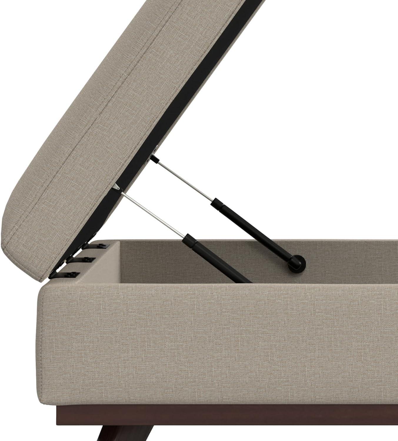 Simpli Home Owen 34"W Upholstered Coffee Table Storage Ottoman with Lift Top and Solid Wood Legs