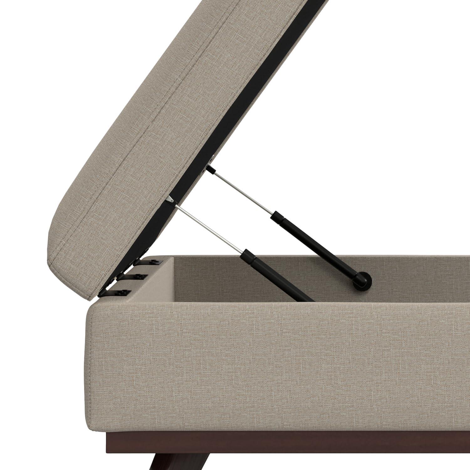 Simpli Home Owen 34"W Upholstered Coffee Table Storage Ottoman with Lift Top and Solid Wood Legs