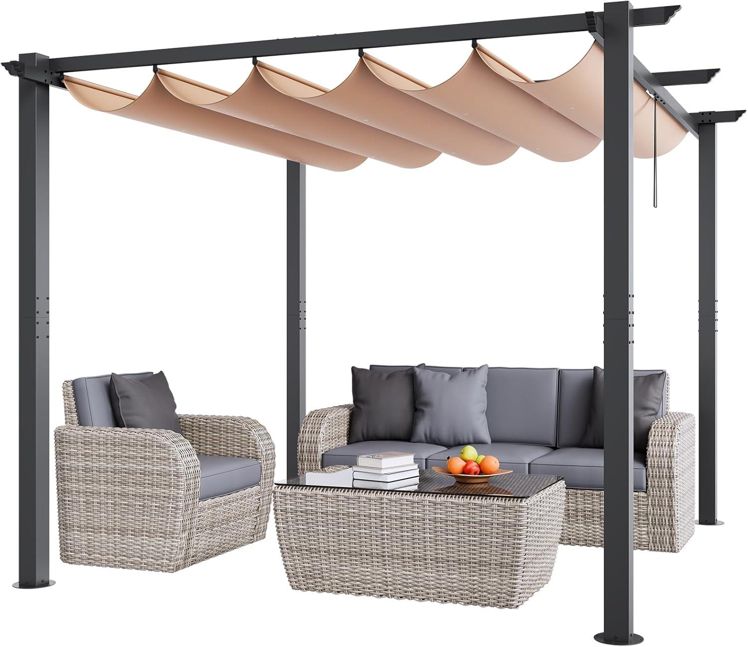 Beige Aluminum 10'x10' Retractable Pergola with Canopy