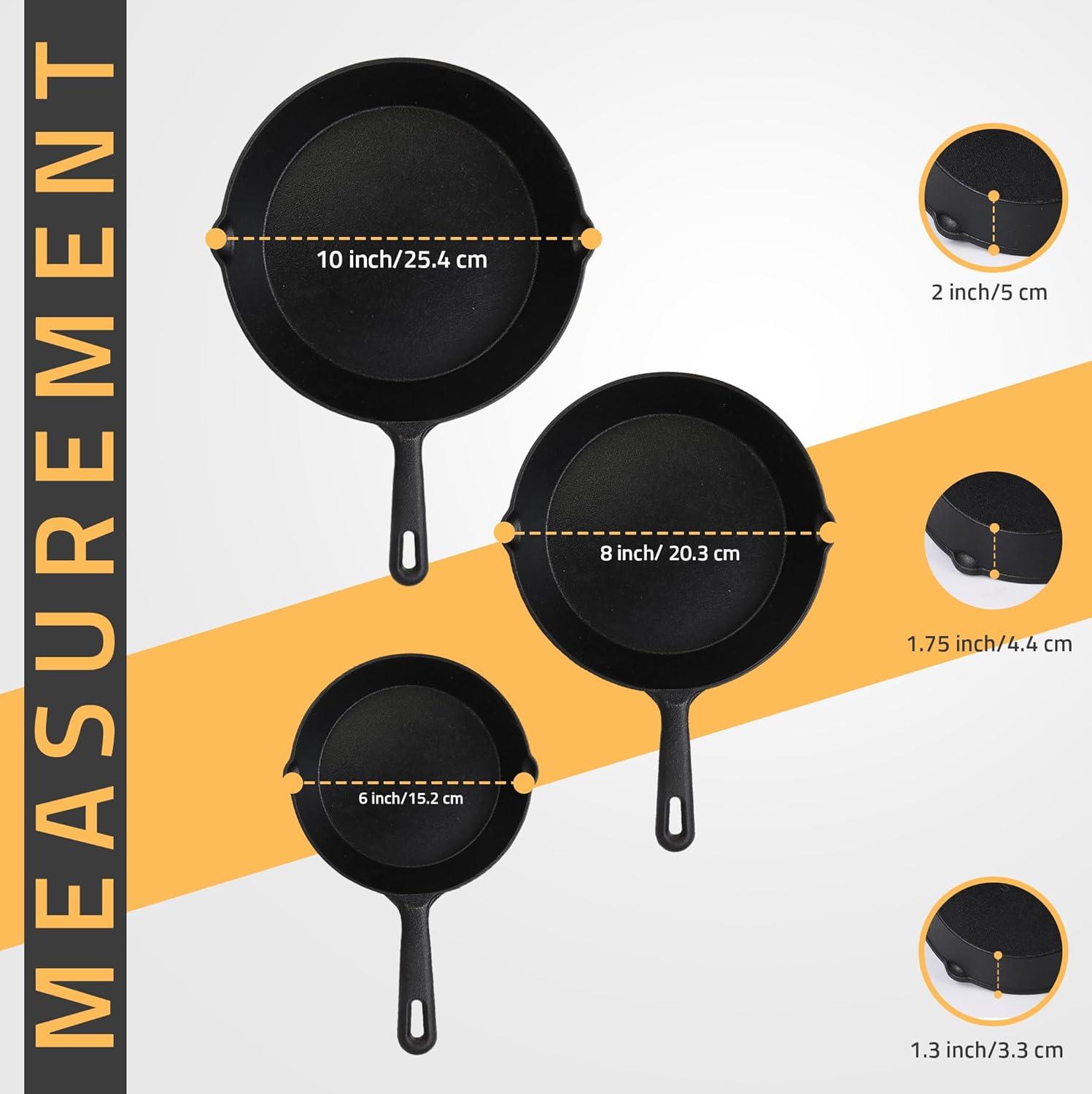 Pre-Seasoned Black Cast Iron Skillet Set, 3-Piece