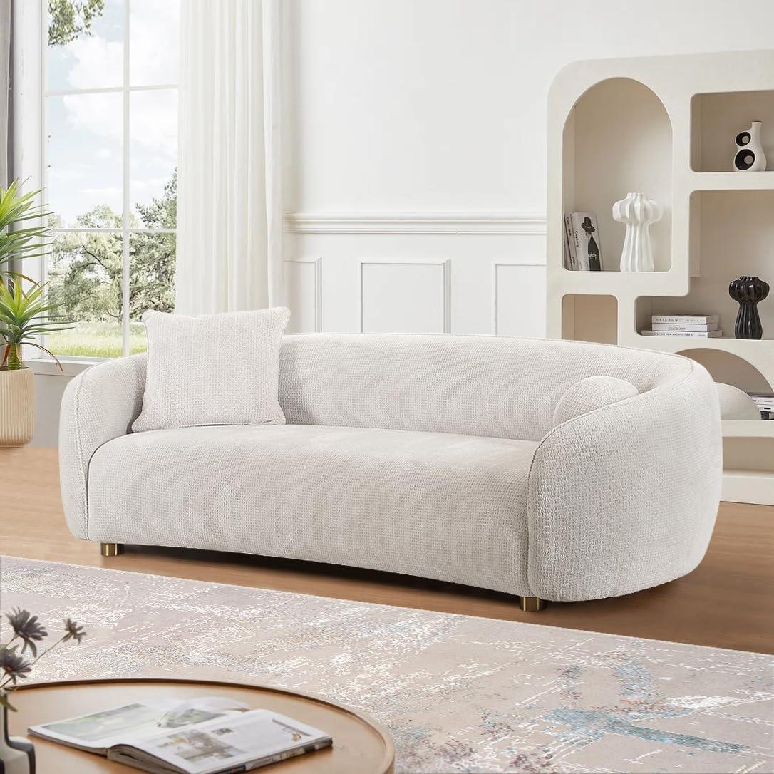 Ivory Fabric Round Arm Modern Sofa with Wood Legs