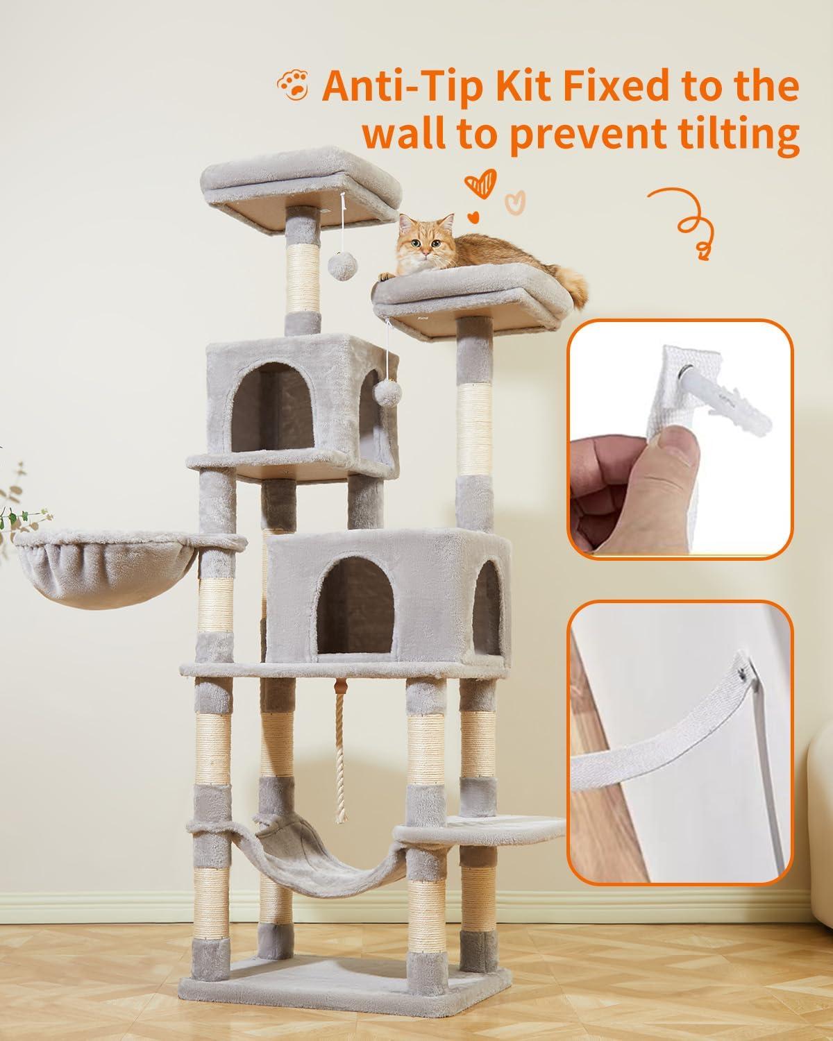 Feandrea 56.3'' Cat Tree Tower for Indoor Cats ,Multi-Level Cat Condo Cat Furniture with Scratching Posts, Perches, Hammock, Cave ,Light Gray