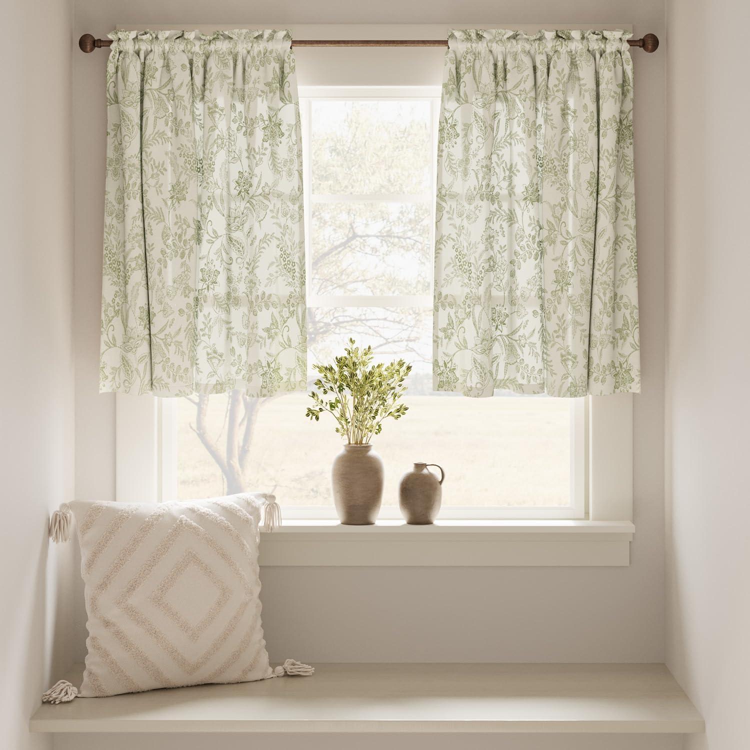 jinchan Floral Kitchen Curtains for Windows 36 Inch Linen Tier Farmhouse Cafe Curtains Country Botanic Small Window Rod Pocket Rustic Flax for Laundry Bathroom RV 2 Panels Sage Green on Beige