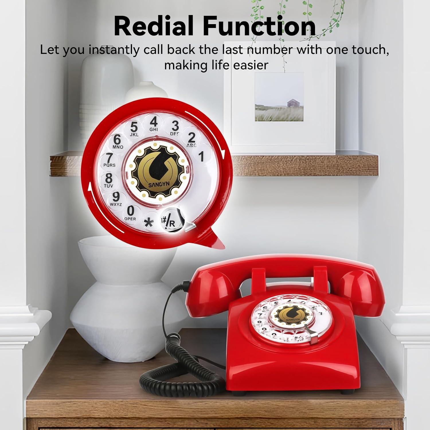 Retro Red Rotary Dial Corded Telephone with Mechanical Ringer