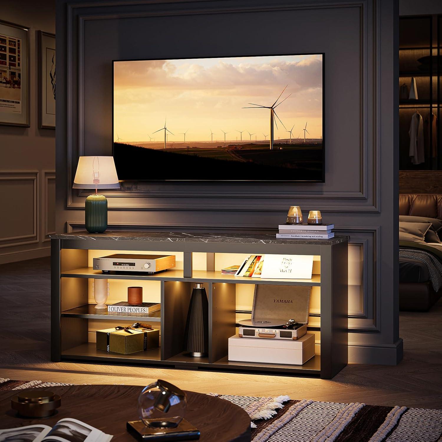 Bestier LED Tall Entertainment Center, 55/60/65 inch TV Stand with Storage for PS5 Xbox, Adjustable Shelf Media Console for Living Room, Black Marble