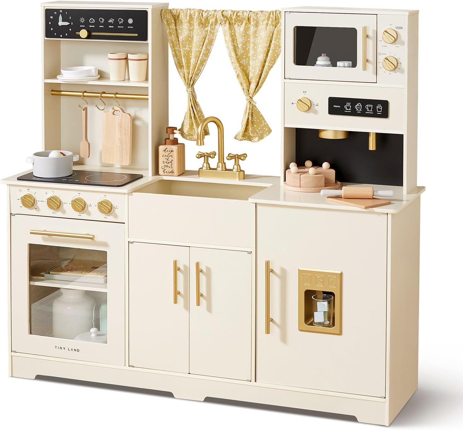 Cream Wooden Play Kitchen Set with Gold Accents