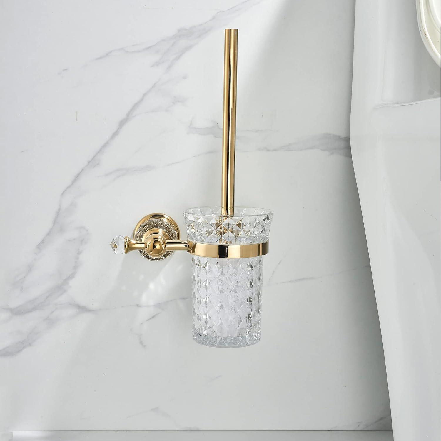 Crystal Wall-Mounted Toilet Brush Holder with Gold Handle