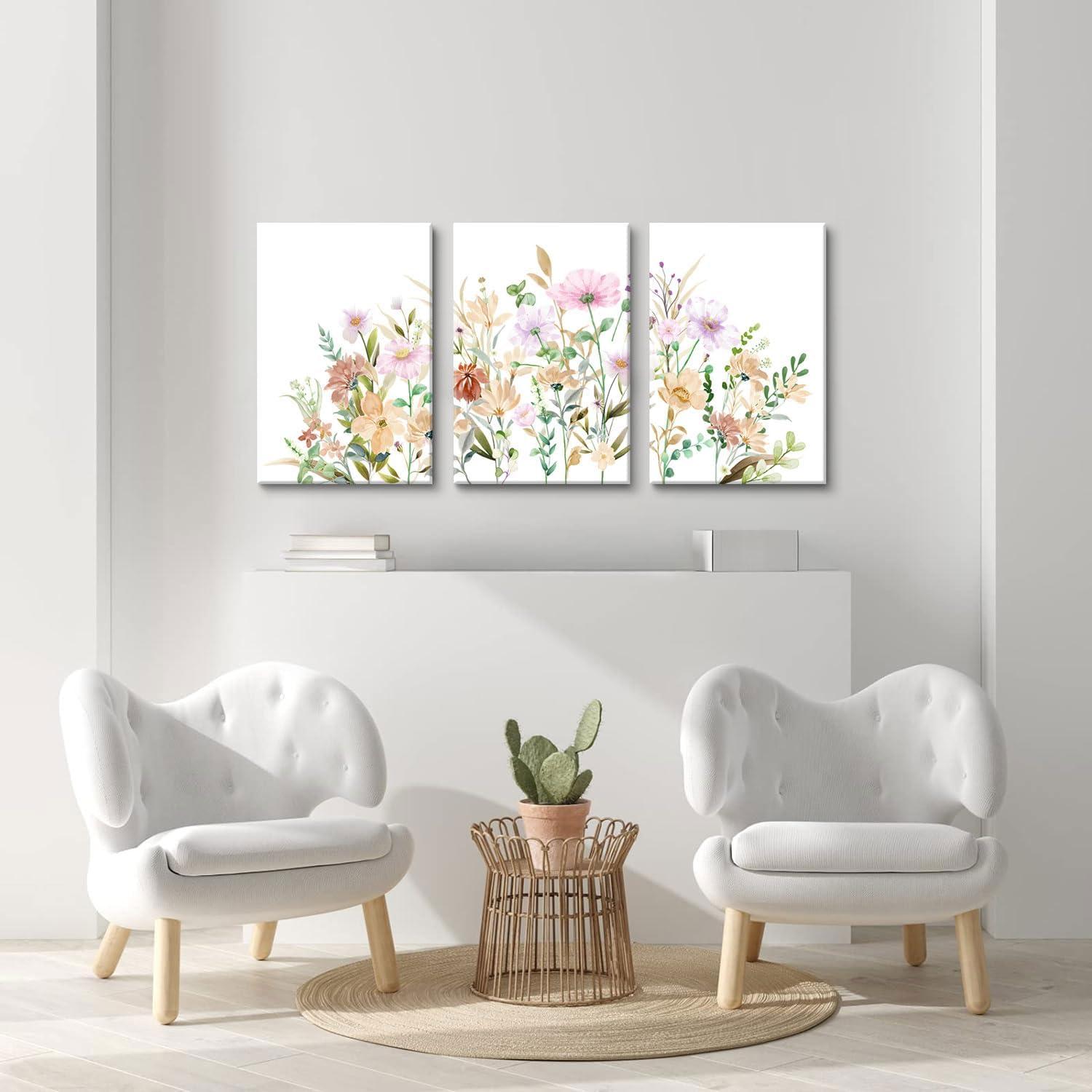 Framed Wildflower Wall Art Canvas Prints Plant Watercolor Floral Poster Set of 3 Colorful Botanical Rustic Painting Farmhouse Picture Wall Decor for Bedroom Living Room Bathroom12x16in