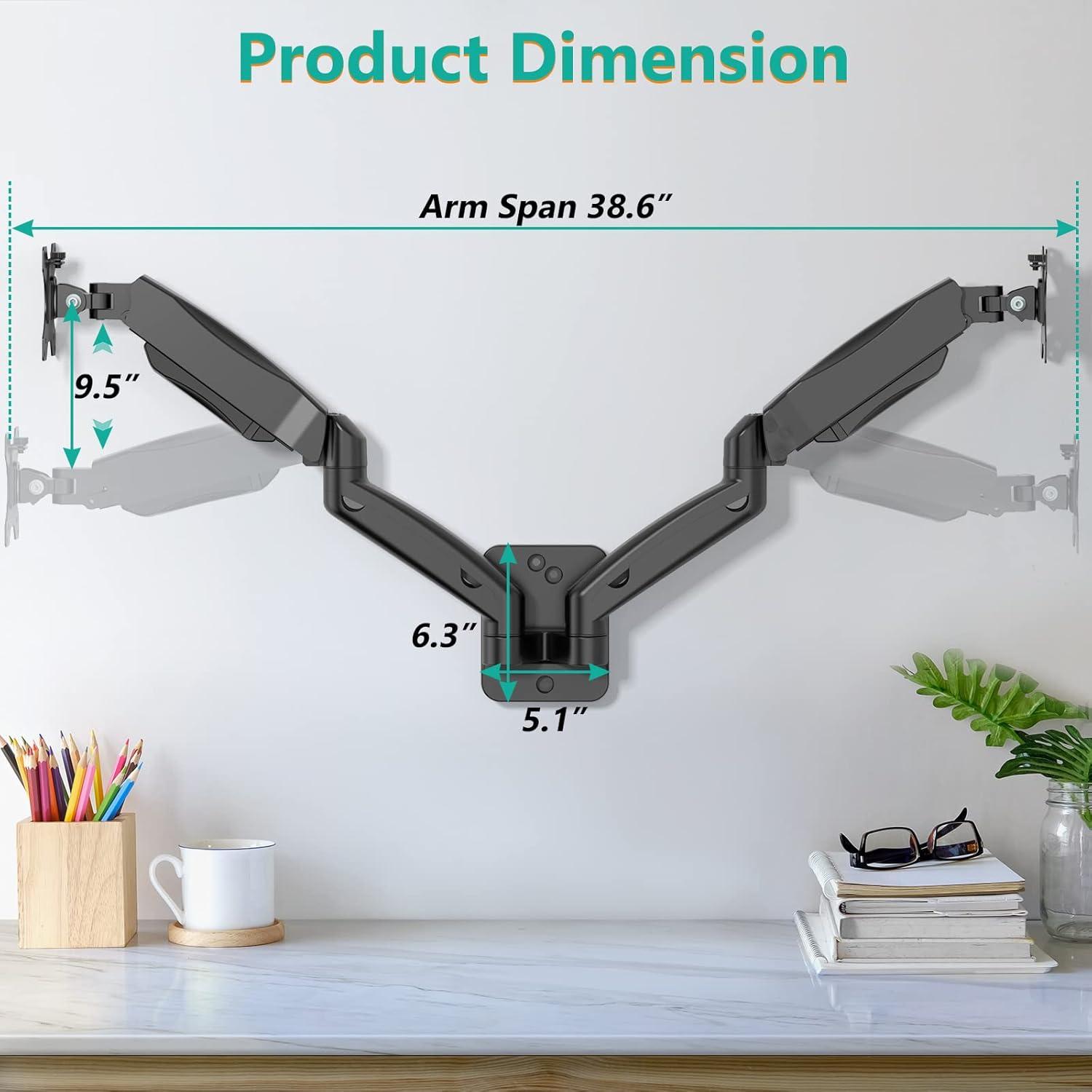 Black Dual Monitor Wall Mount with Gas Spring Arm for 27-32 Inch Screens