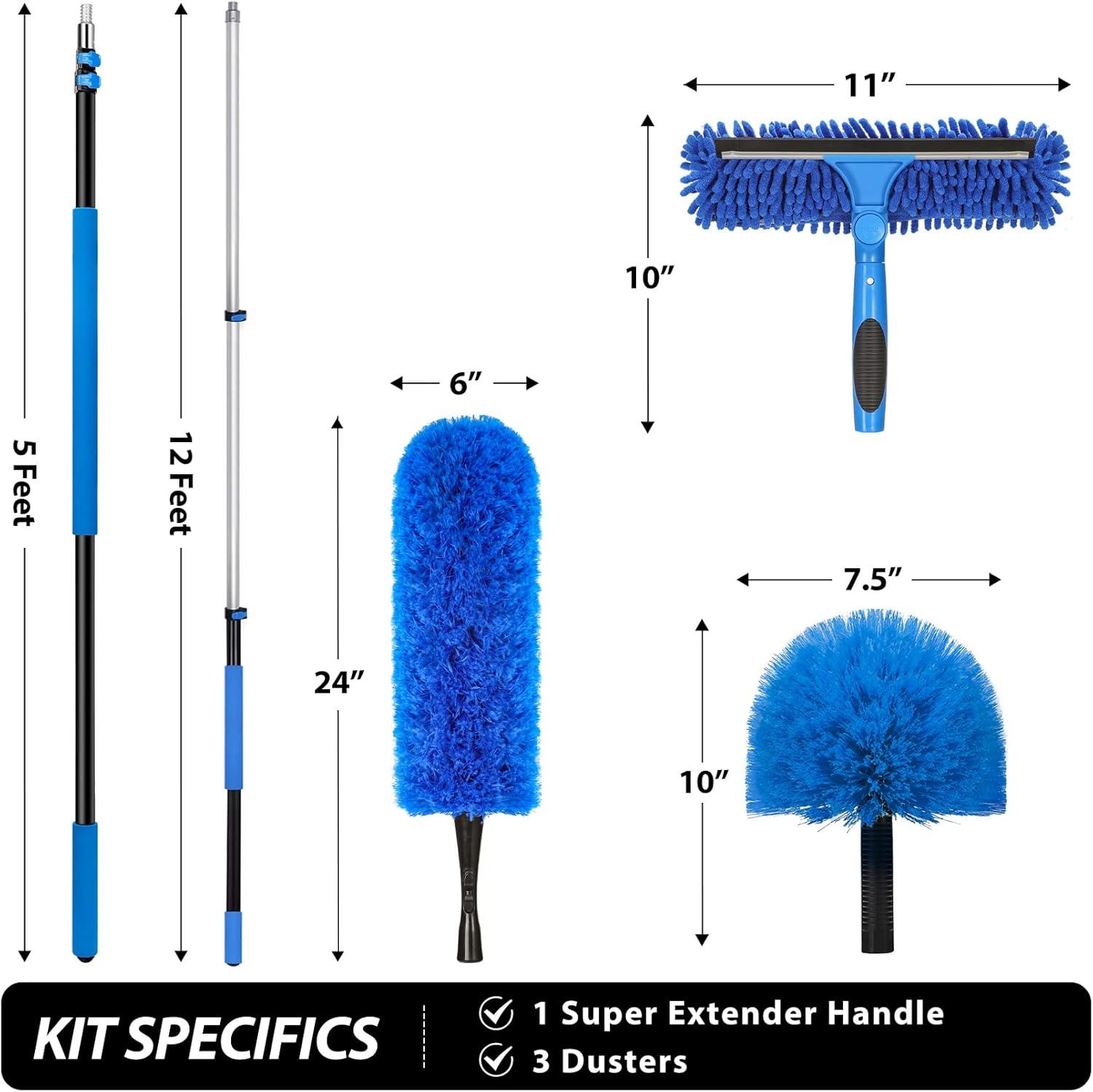 20 Foot High Reach Duster Kit with 5-12FT Telescoping Pole - High Ceiling Dusting and Window Cleaning Kit, Cobweb Duster, Window Washer & Squeegee, Fan Duster and Feather Duster