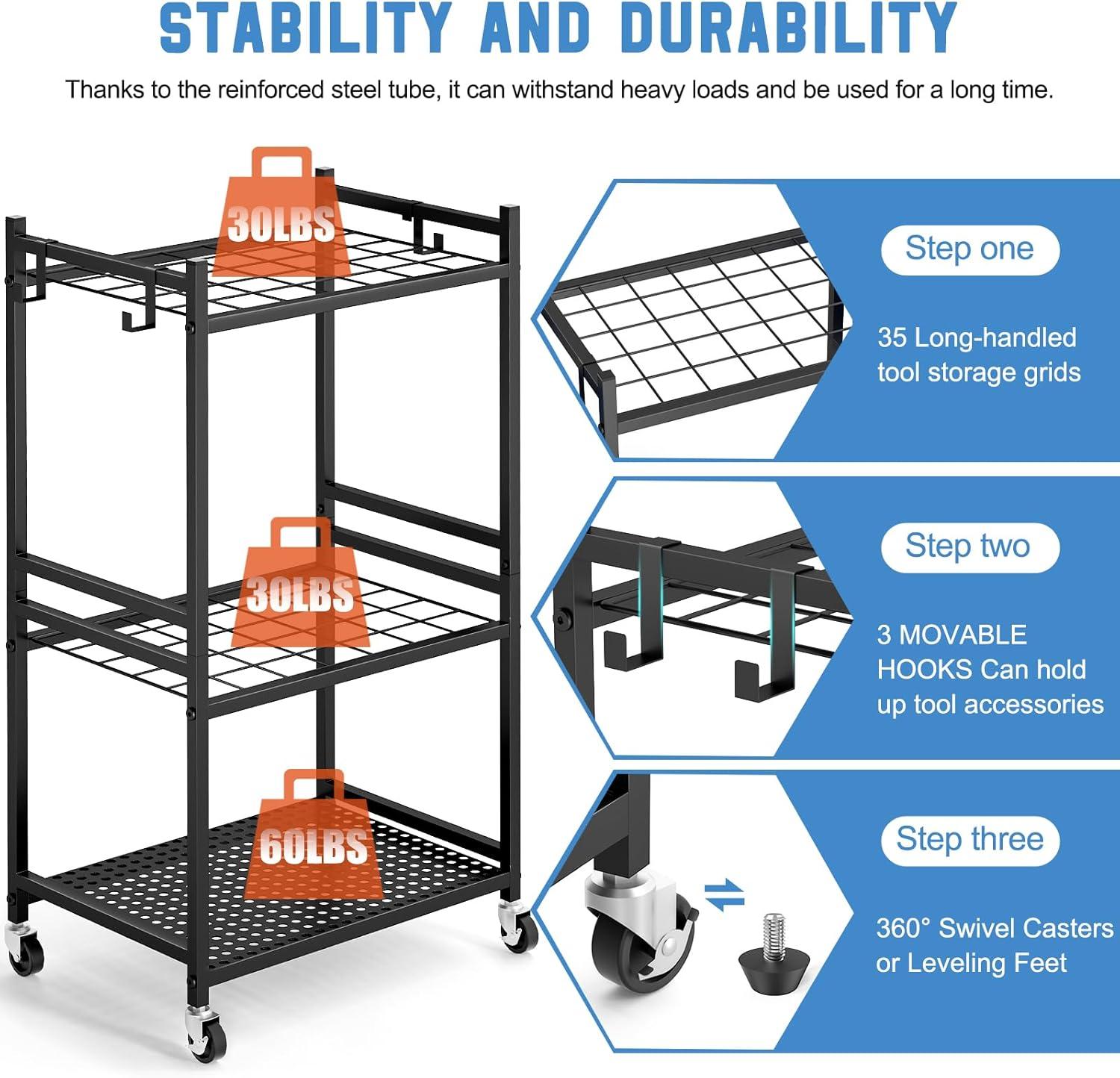 Garden Tool Organizer with Wheels, Yard Tool Tower rack for Garage Organization and Storage, Up to 35 Long-Handled Tools, Sturdy Metal Steel Tool Holder with 3 Hooks, Outdoor, Black