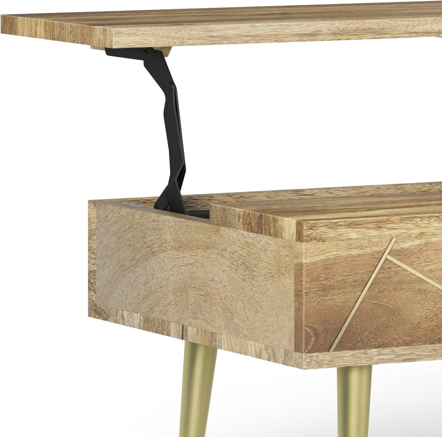 Simpli Home Jager 48"W Solid Mango Wood Contemporary Modern Lift Top Coffee Table with Hidden Storage and Geometric Brass Inlay
