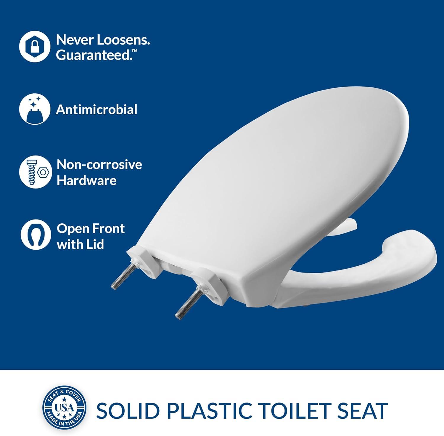 7750TDG Commercial Heavy Duty Open Front Toilet Seat, Never Loosens, ROUND, Plastic, White