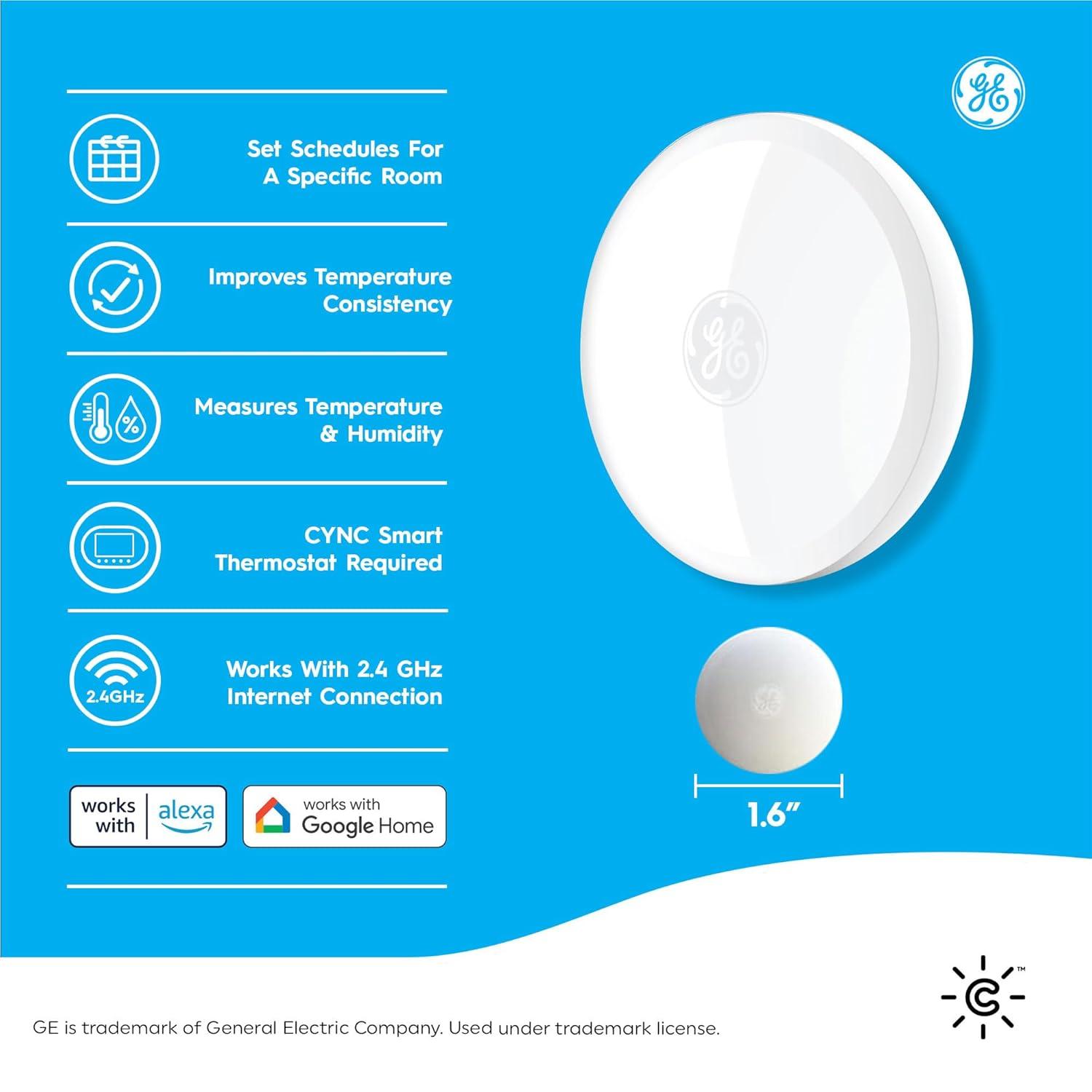 GE CYNC Smart Room Temperature Sensor: White Plastic Thermostat with CR2025 Battery, No Certifications