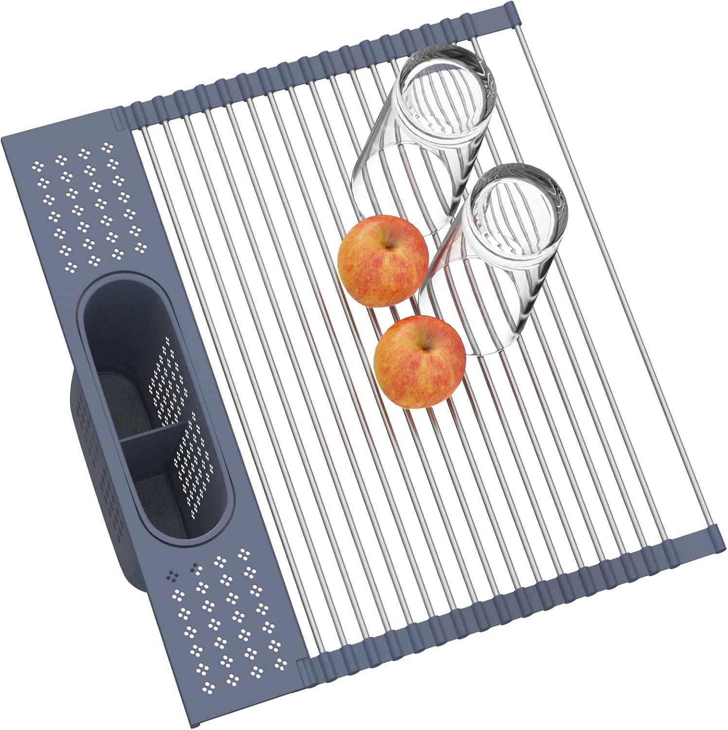 THE GLAMOUR BOUTIQUES Roll Up Dish Drying Rack 17.5" X 15.2" Over The Sink Dish Drying Rack, Multi-Purpose Kitchen Rolling Dish Drainer Foldable SUS 304 Stainless Steel Dish Drying Rack