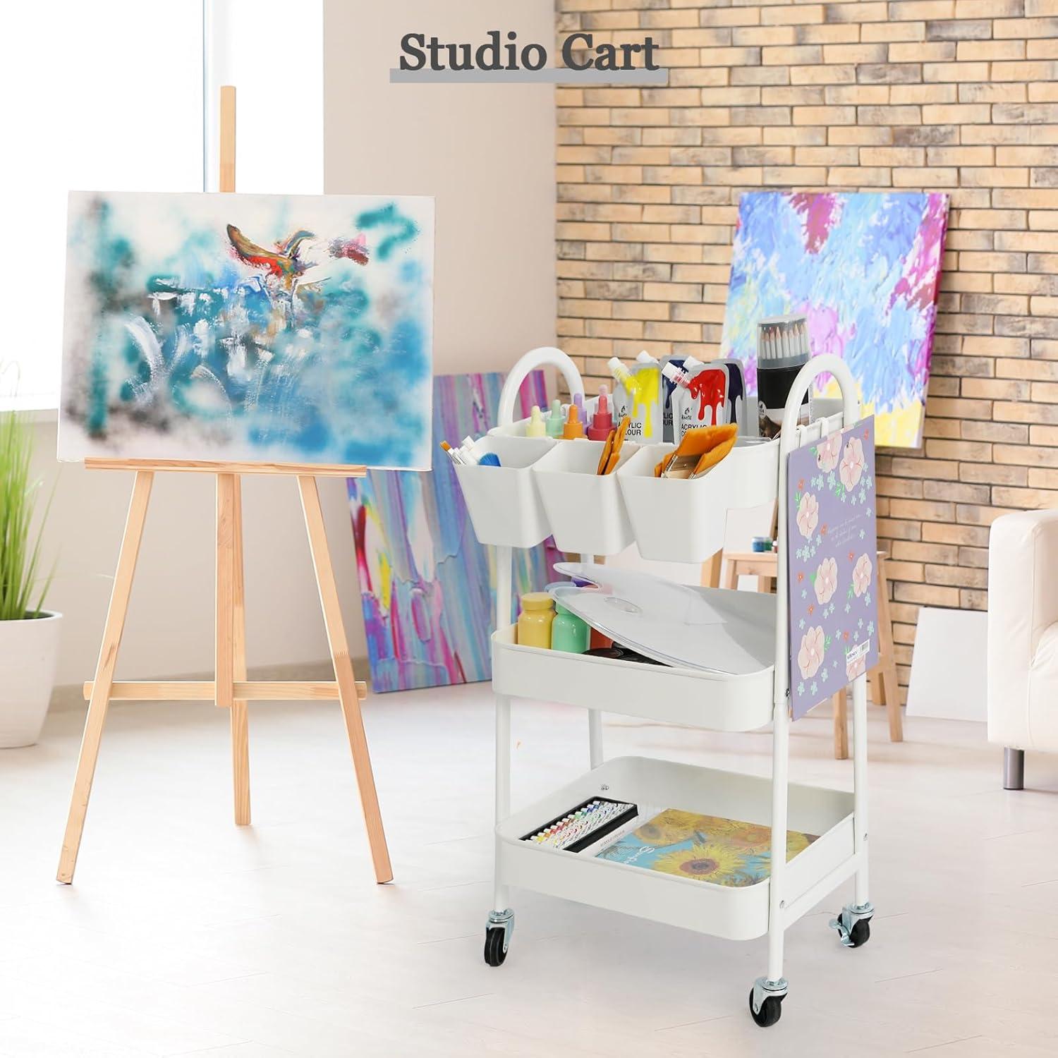 danpinera 3 Tier Metal Rolling Cart with Wheels Craft Cleaning Utility Cart for Storage-White