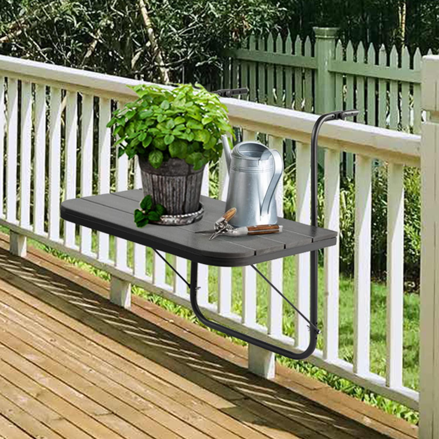 Balcony Table Hanging Deck Railing Table Outdoor Balcony Bar Table for Railings Folding Adjustable Black