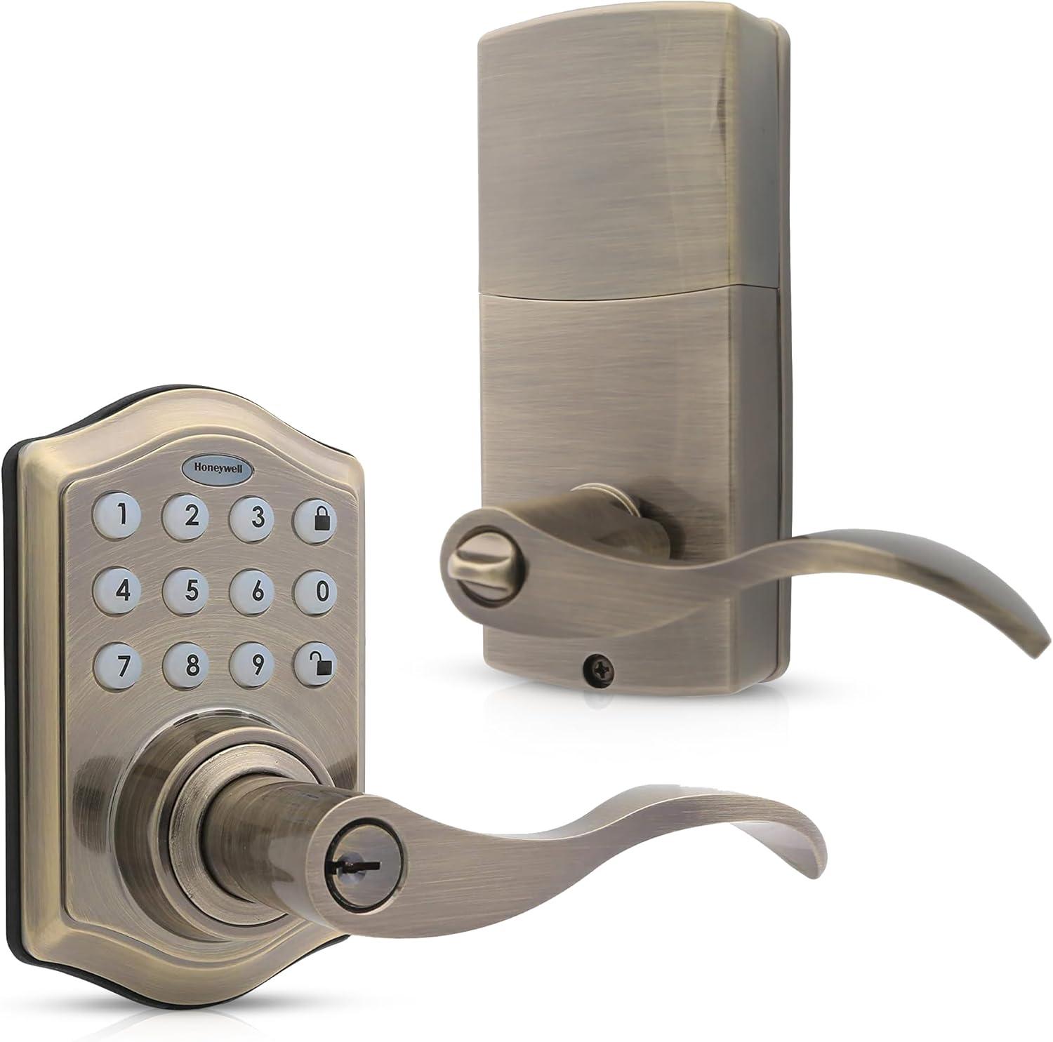 Honeywell Locks, Electronic Entry Lever Door Lock, Antique Brass, 8734101