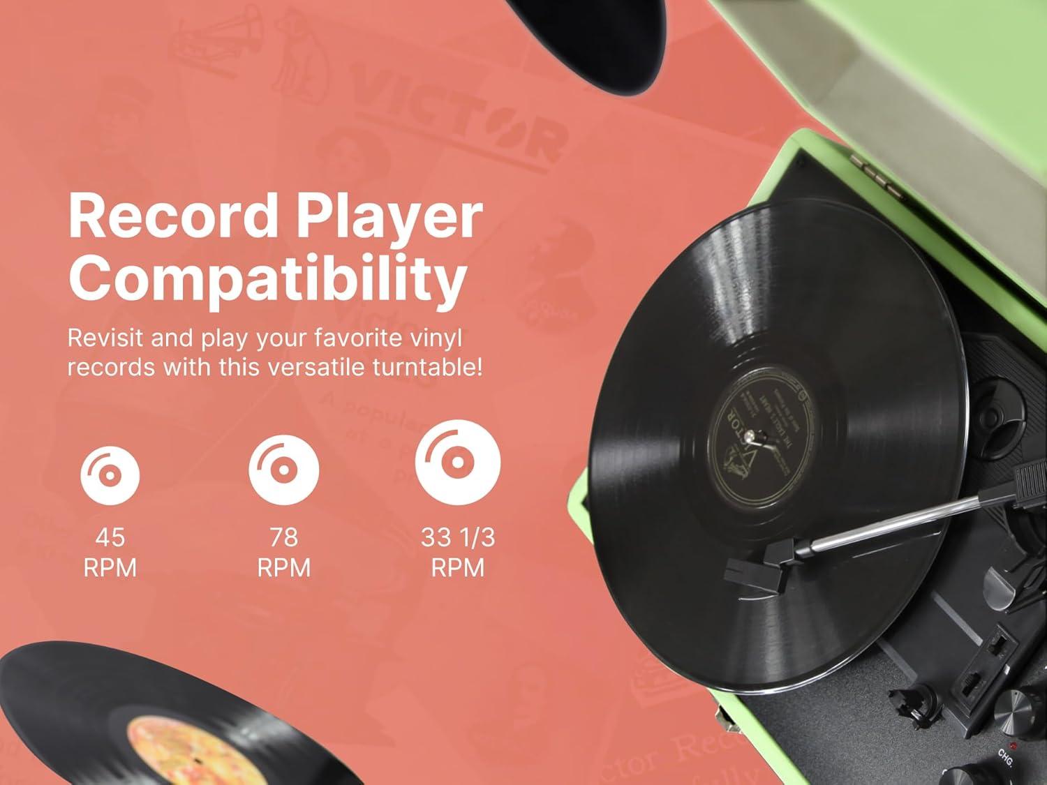 Victor Metro Plus Battery-Powered Bluetooth Suitcase Turntable | 3-Speed Vinyl Record Player with Built-in Stereo Speakers, Rechargeable Battery, RCA Output, Aux Input, and 45 RPM Adaptor, VSRP-850B