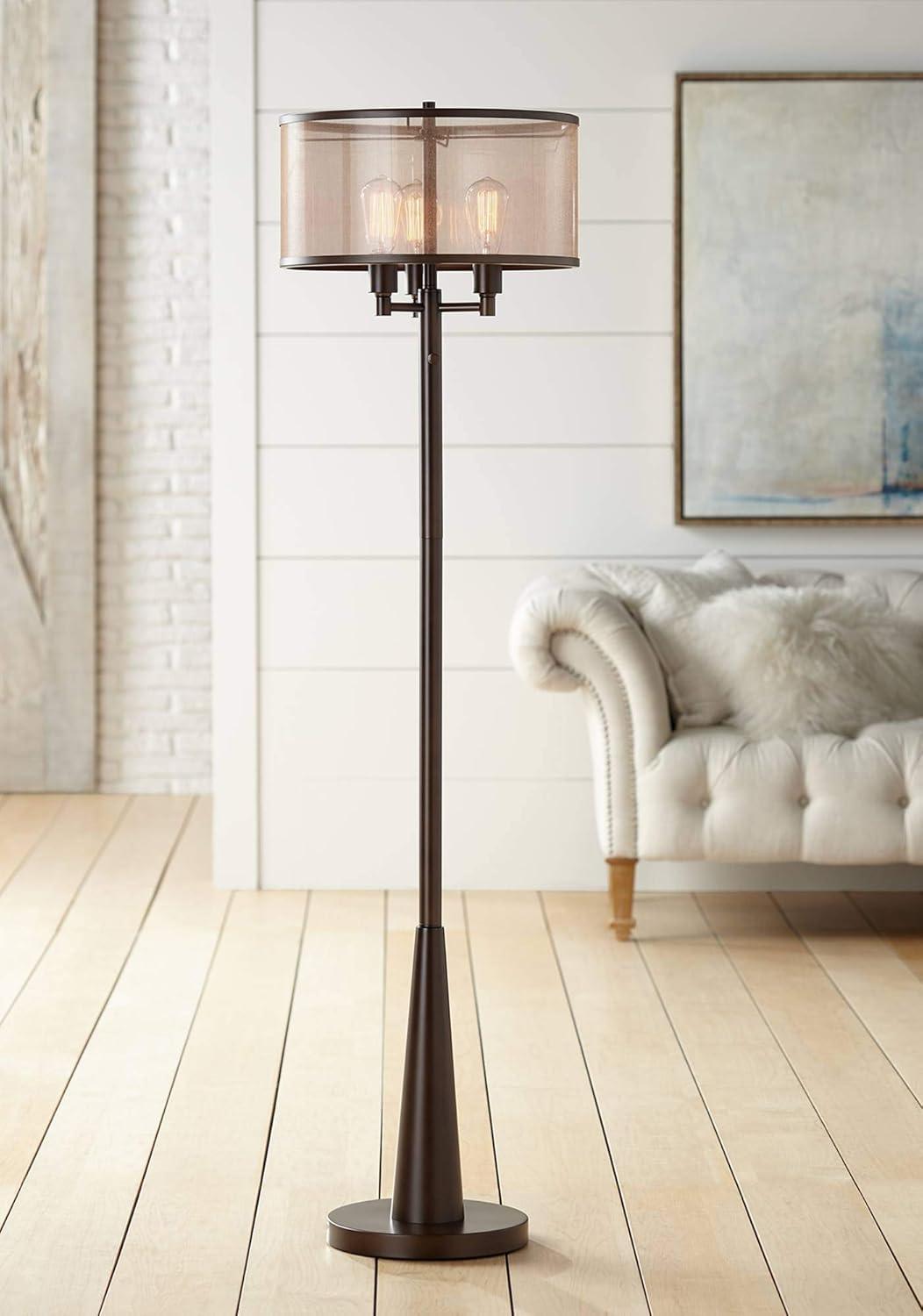 Franklin Iron Works Durango Rustic Farmhouse Floor Lamp 62" Tall Oiled Bronze Metal 3 Light LED Brown Sheer Drum Shade for Living Room Bedroom Office