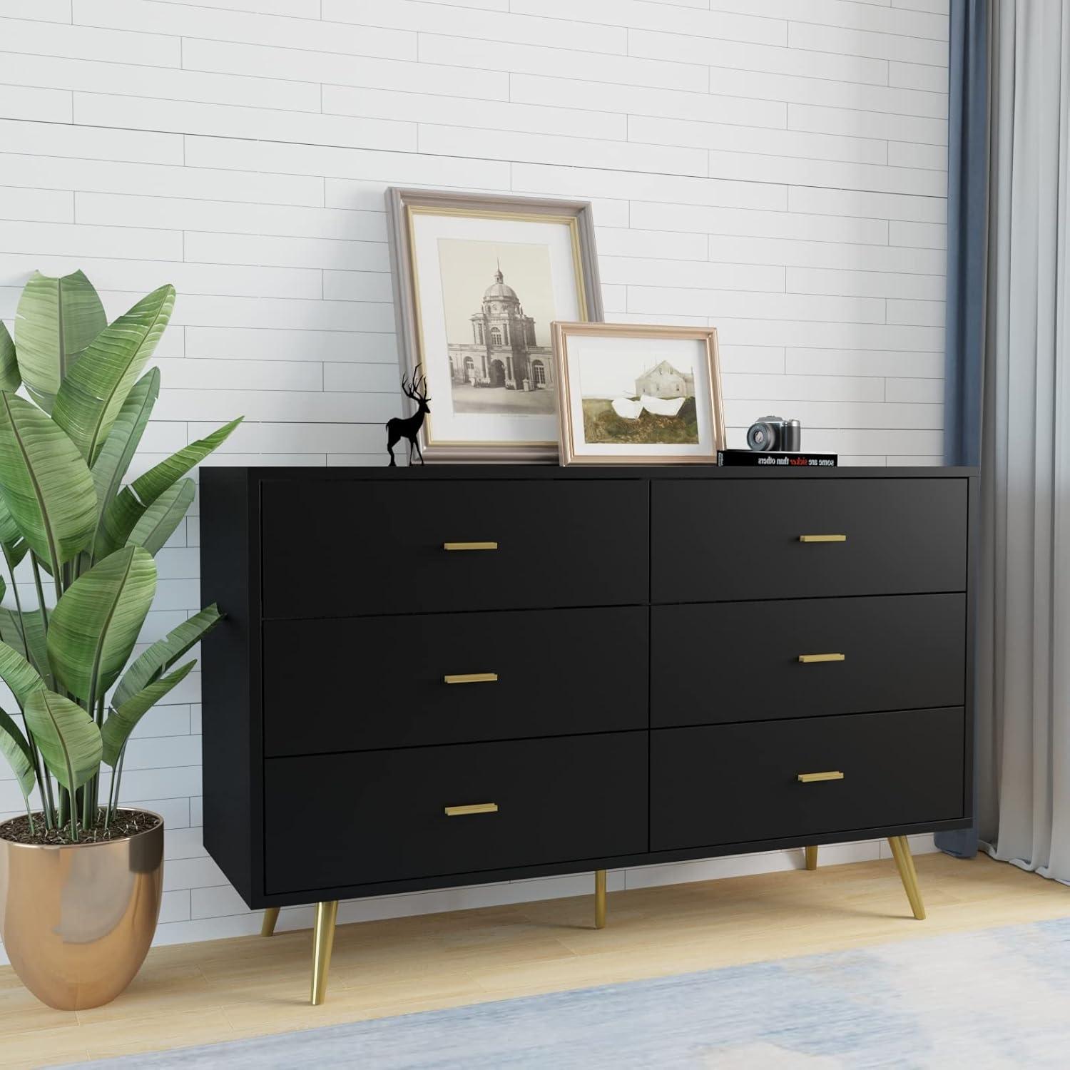 Black Modern 6-Drawer Dresser with Gold Handles