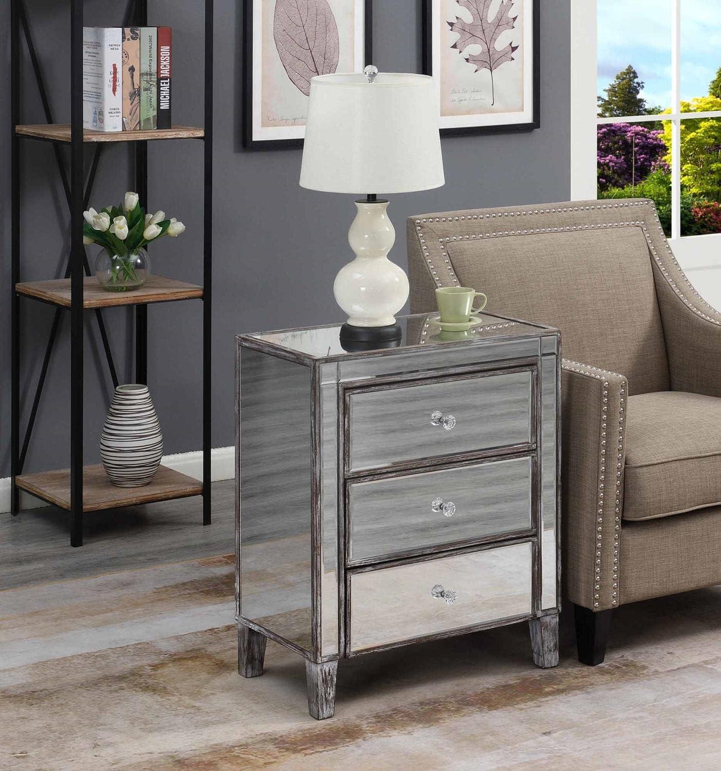 Weathered Gray Mirrored 3-Drawer Wood End Table