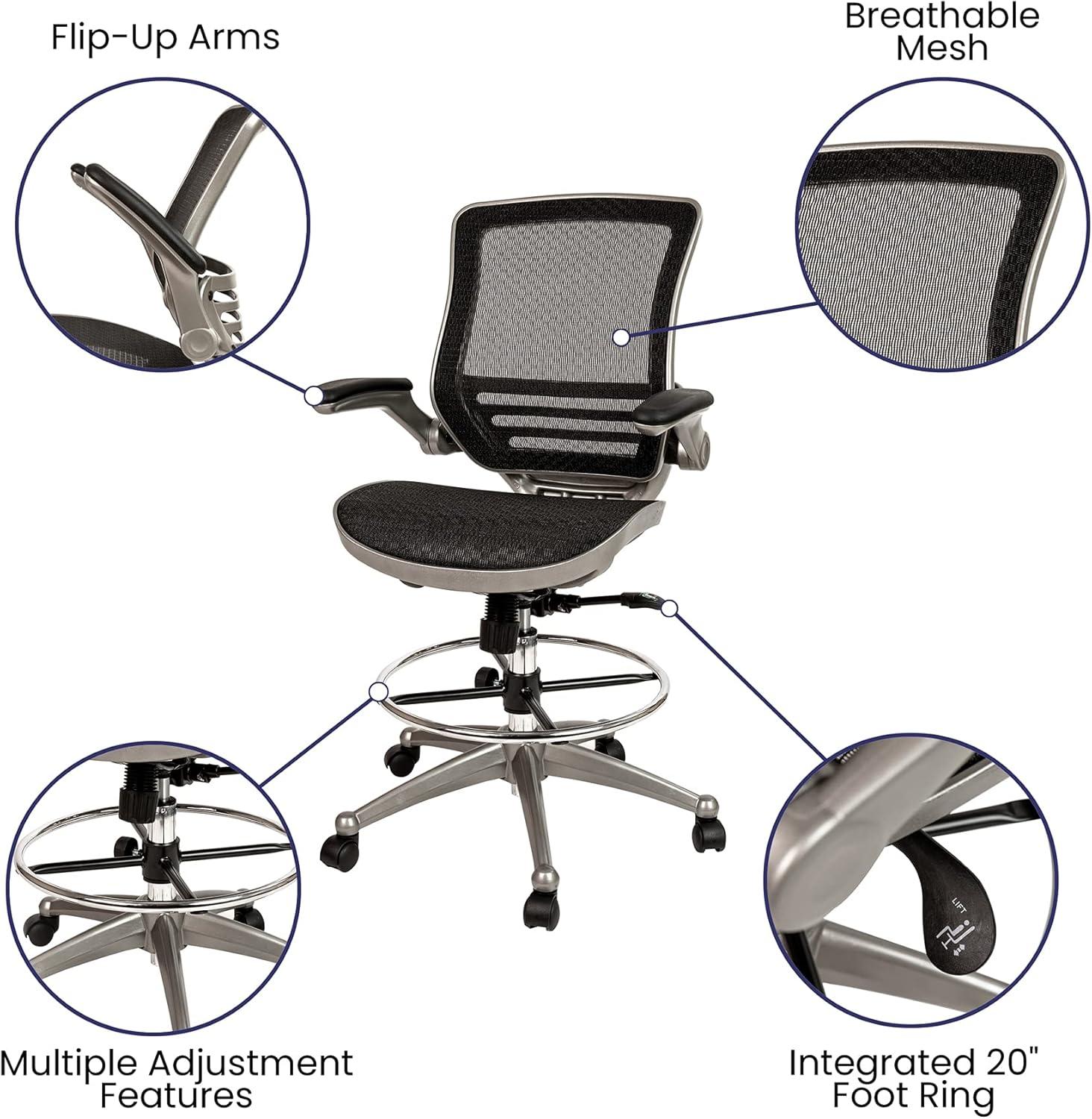 Flash Furniture Mid-Back Transparent Black Mesh Drafting Chair with Graphite Silver Frame and Flip-Up Arms
