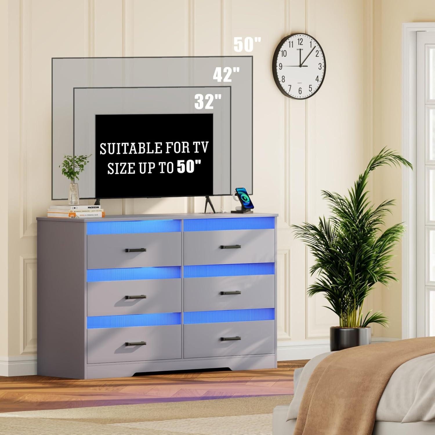 Gray Modern 6-Drawer Dresser with LED Lights and Charging Station