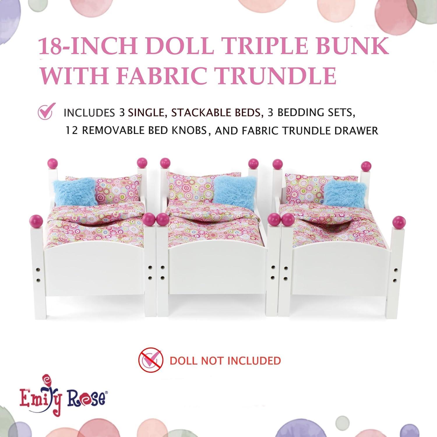 Emily Rose 18 Inch Doll Clothes Bunk - 18" Doll Stackable Triple Bunkbed Gift Set  | 18" Doll Bed with Doll Clothing Storage Drawer and 3 - 4 PC Doll Bedding Accessory Sets | Fits American Girl Dolls