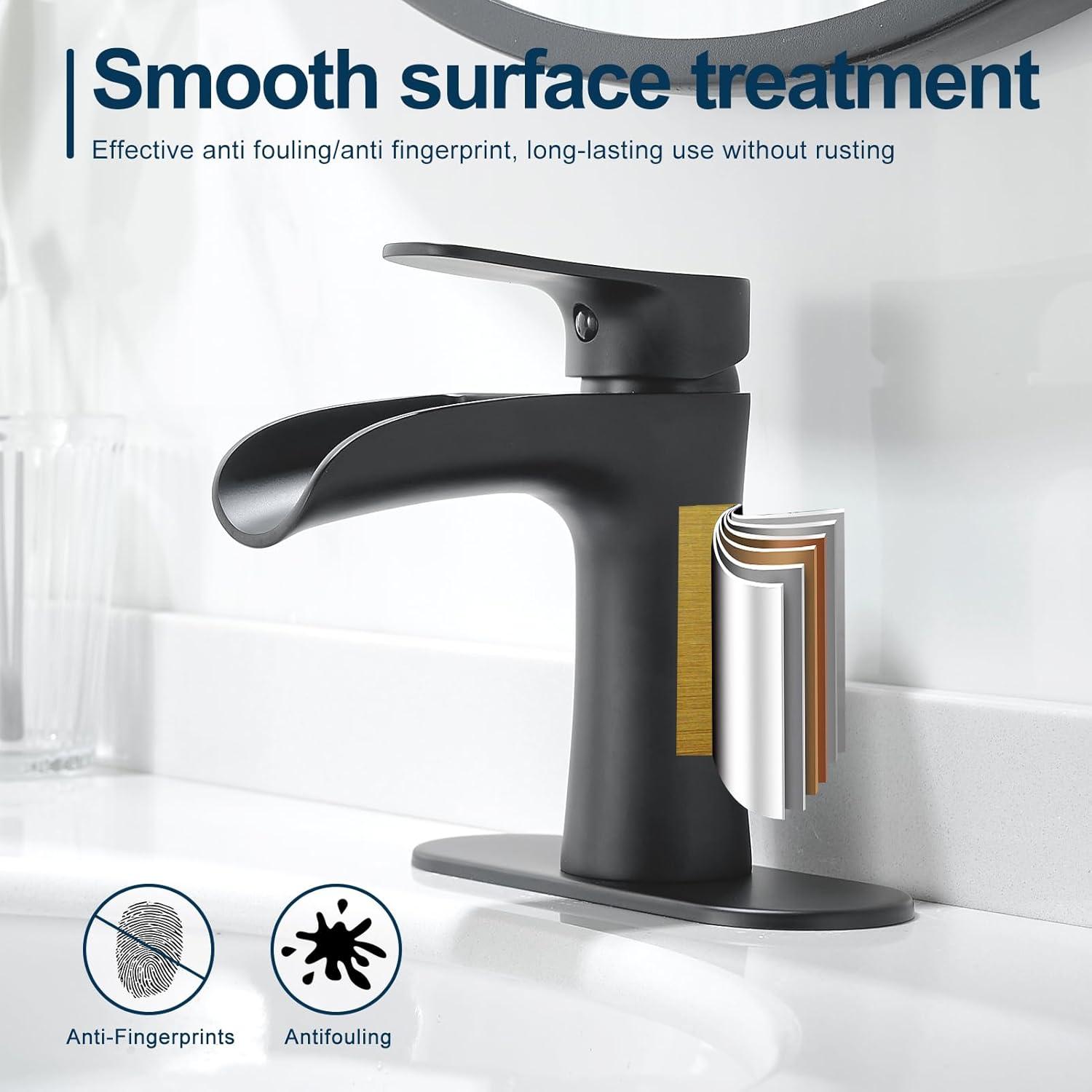 BWE Waterfall Single Handle Single Hole Modern Bathroom Faucet Bathroom Sink Faucet in Matte Black