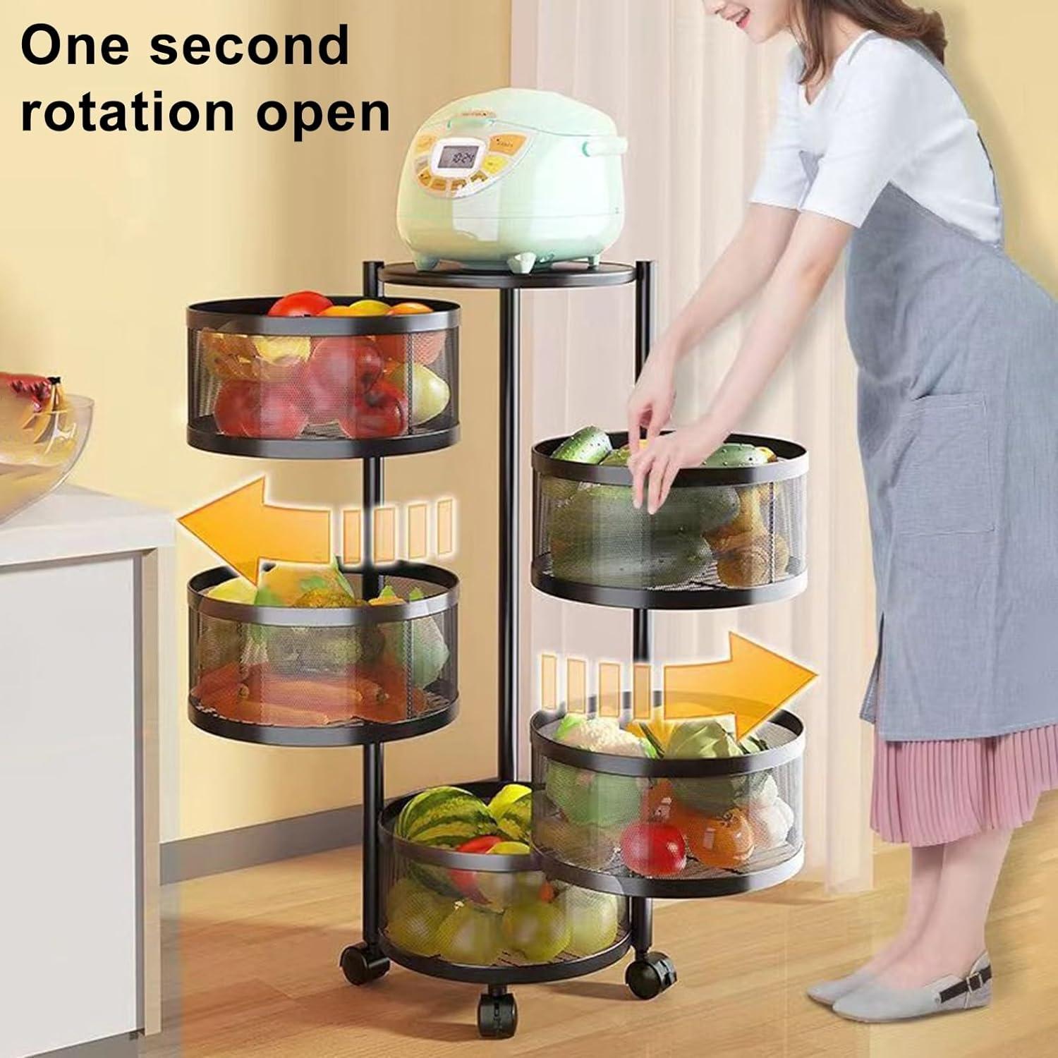 Kitchen Storage Cart,5 Tier Circular Rotating Basket,Large Storage Rack with 360 Degree Wheels